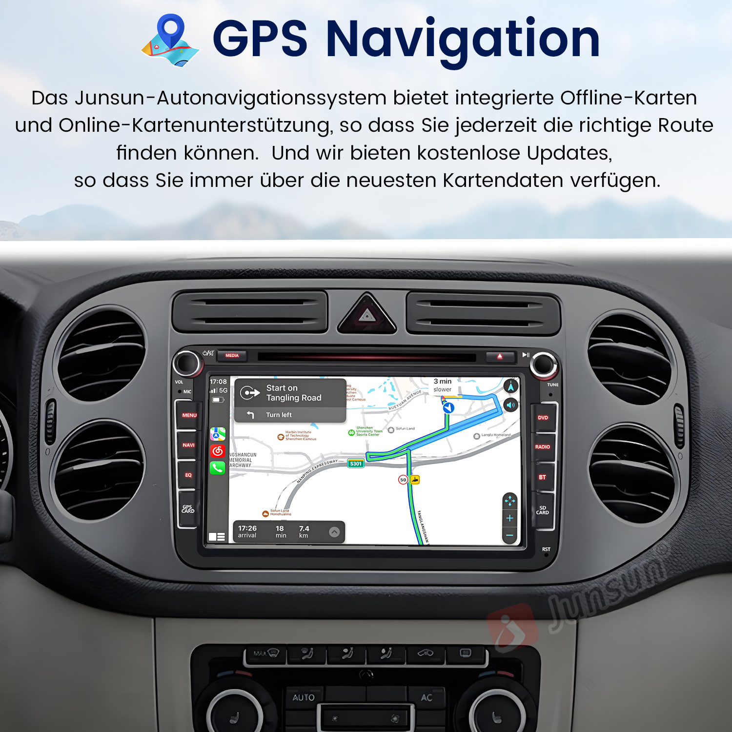 Armaturenbrett mit GPS-Navigation, Karte und Routenführung. Dazu Autosteuerungselemente.