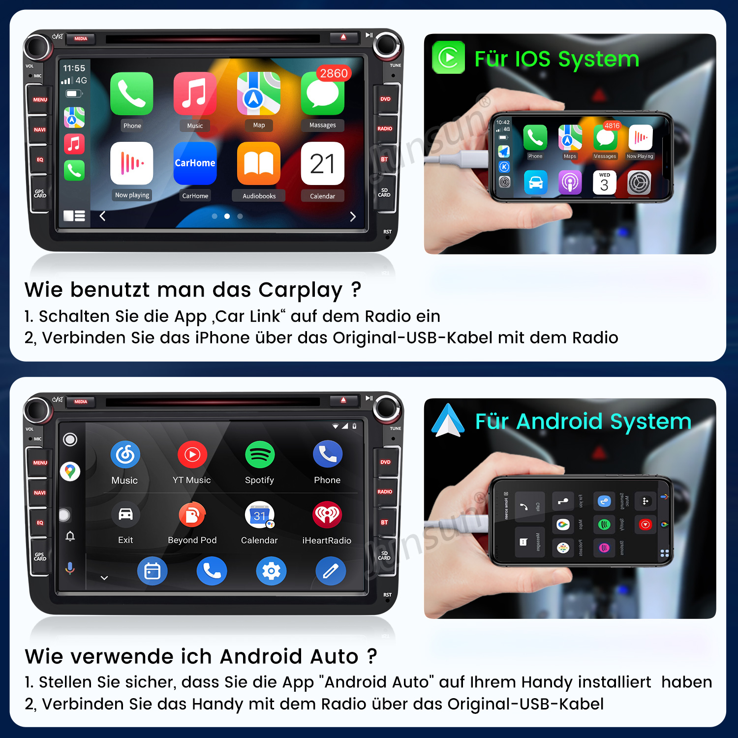 Autoradio-Bildschirm mit App-Symbolen, Telefon und Kalender. Zeigt CarPlay- und Android Auto-Einrichtung mit Telefonanzeigen.