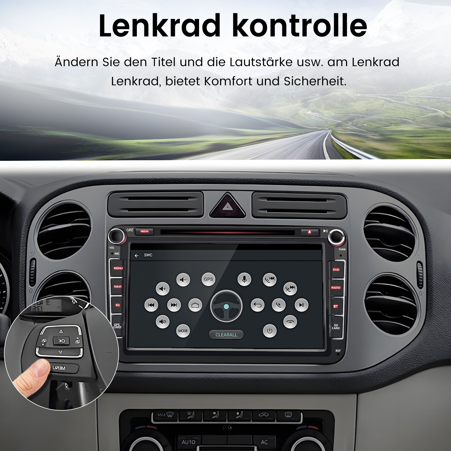 Innenansicht eines Autos mit Lenkradsteuerung, zentralem Display und Finger, der einen Knopf drückt. Eine Straße im Hintergrund.