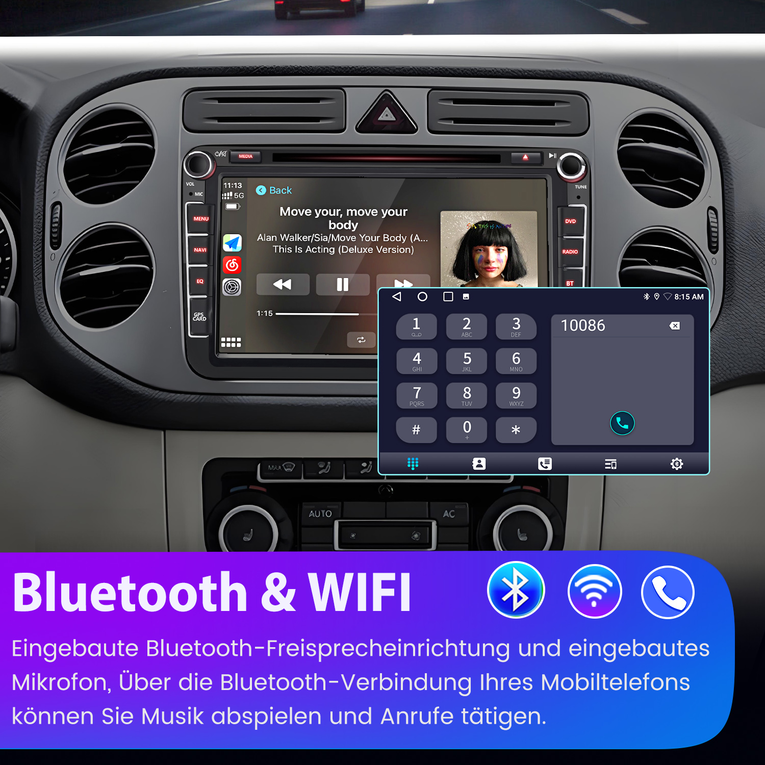 Autoradio-Bildschirm mit Wählgerät und Musik-Player. Es zeigt auch ein Armaturenbrett mit verschiedenen Funktionstasten.