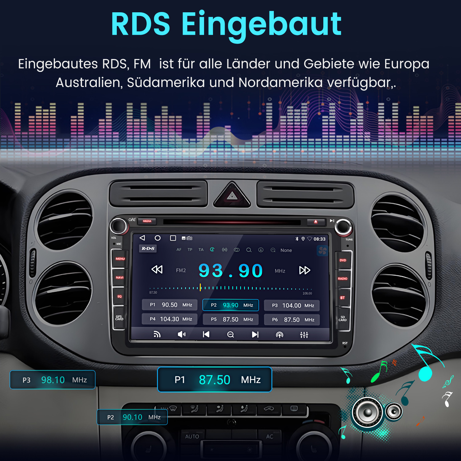 Autoradio-Bildschirm mit 93,90 MHz, Tasten und einer Schallwellengrafik. Text auf Deutsch weist auf RDS-Funktion hin.