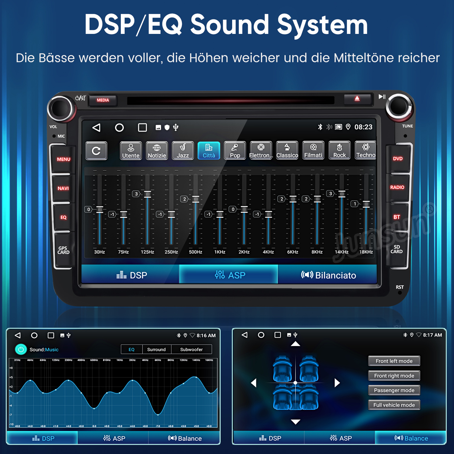 Auto-Audiosystem-Oberfläche mit Equalizer-Einstellungen und verschiedenen Tonoptionen auf dem Bildschirm.