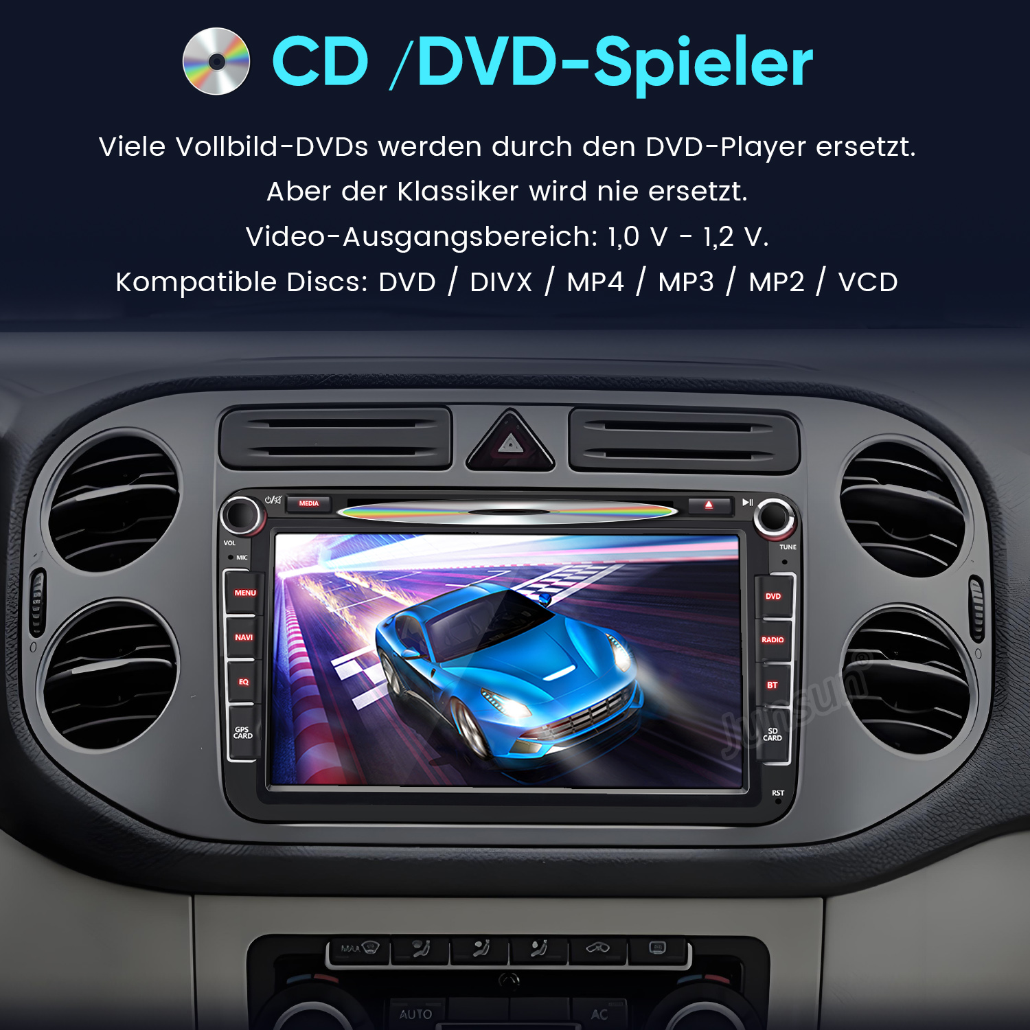 Autoradio mit blauem Auto auf dem Bildschirm. Knöpfe sind DVD, Radio, BT, SD-Karte. Text: CD/DVD-Player. Kompatible Discs: DVD, DIVX, MP4, MP3, MP2, VCD.