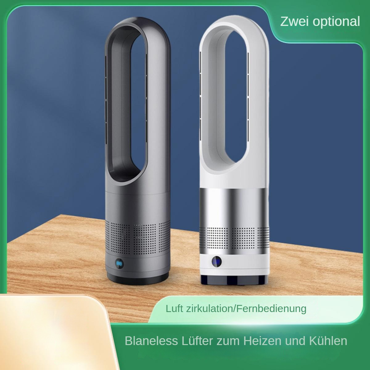 Zwei blattlose Ventilatoren werden gezeigt. Einer ist dunkelgrau, der andere weiß. Beide haben oben eine Schlaufe und einen zylindrischen Sockel.