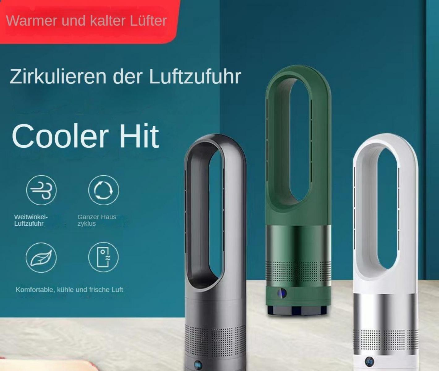 Drei blattlose Ventilatoren in Grau, Grün und Weiß. Text enthält 'Cooler Hit' und deutsche Wörter zur Luftzirkulation und zum Komfort.
