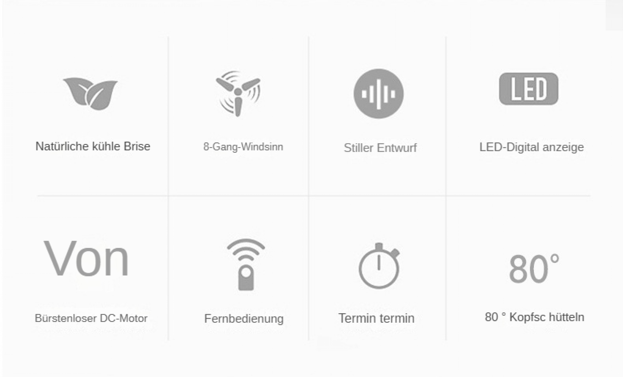 Das Bild zeigt Symbole und Text, die Funktionen beschreiben: kühle Brise, 8-Gang-Wind, leises Design, LED-Anzeige, DC-Motor, Fernbedienung, Timer und 80°.