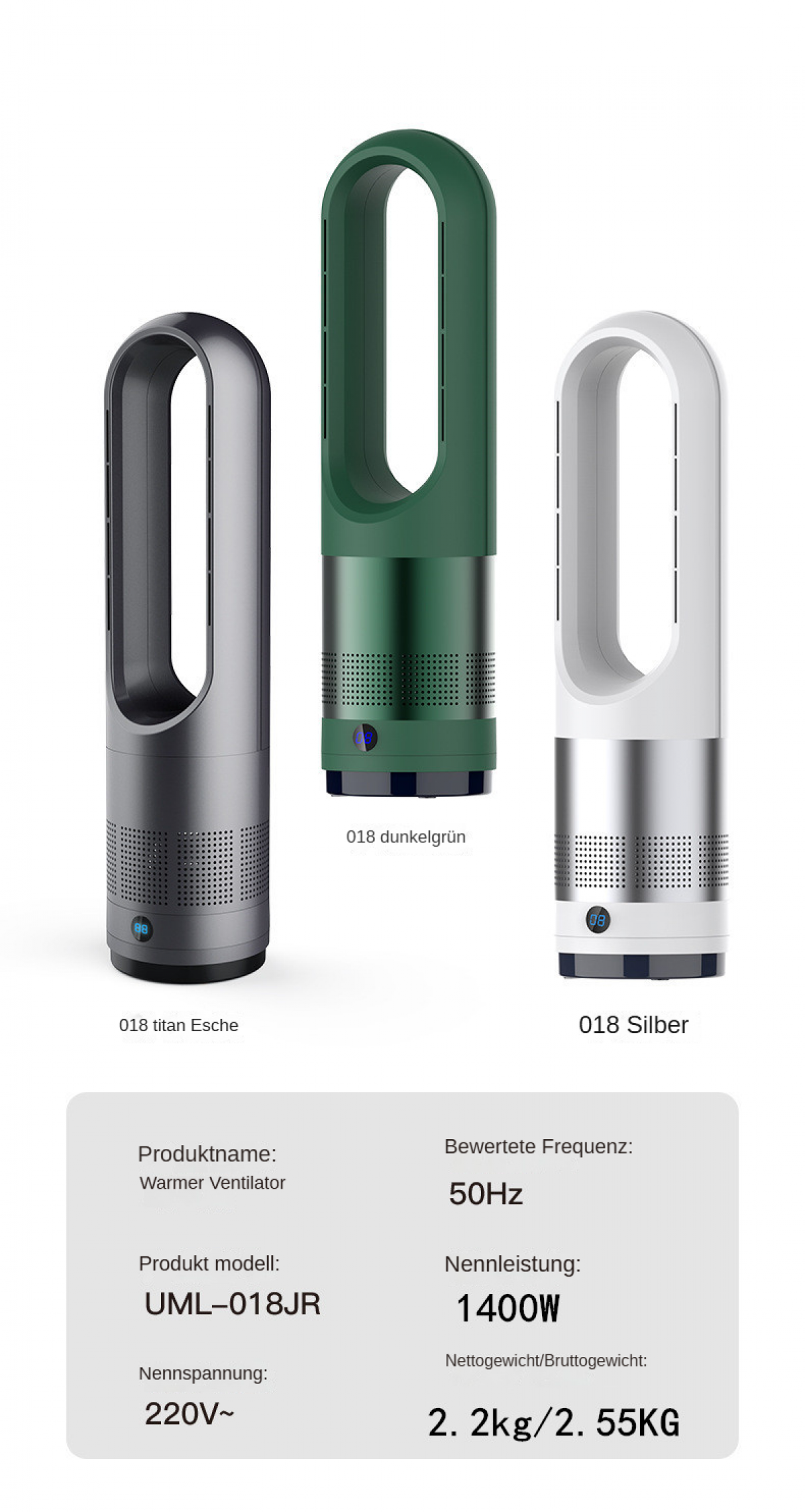 Drei Heizlüfter in Grau, Grün und Weiß. Unten stehen Produktdetails: Warmer Ventilator, UML-018JR, 220V~, 50Hz, 1400W, 2,2kg/2,55KG.