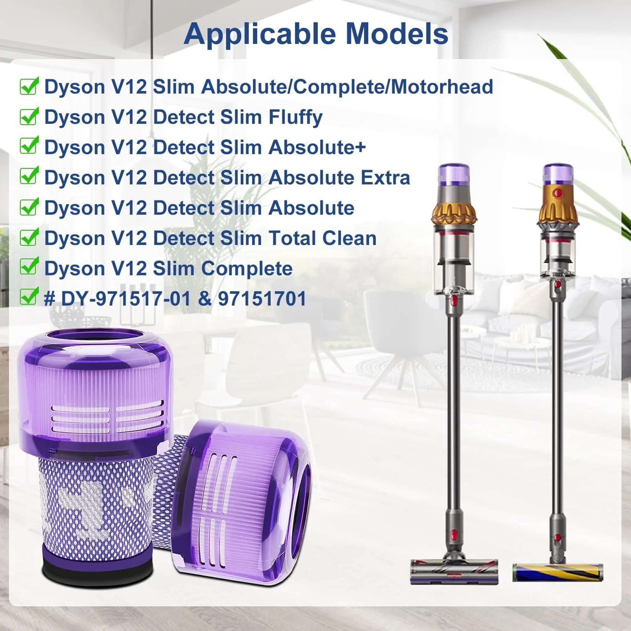 Das Bild zeigt Dyson-Staubsaugerteile, einschließlich Filter und zwei Staubsauger. Text listet kompatible Modelle auf. Hintergrund ist ein Wohnzimmer.