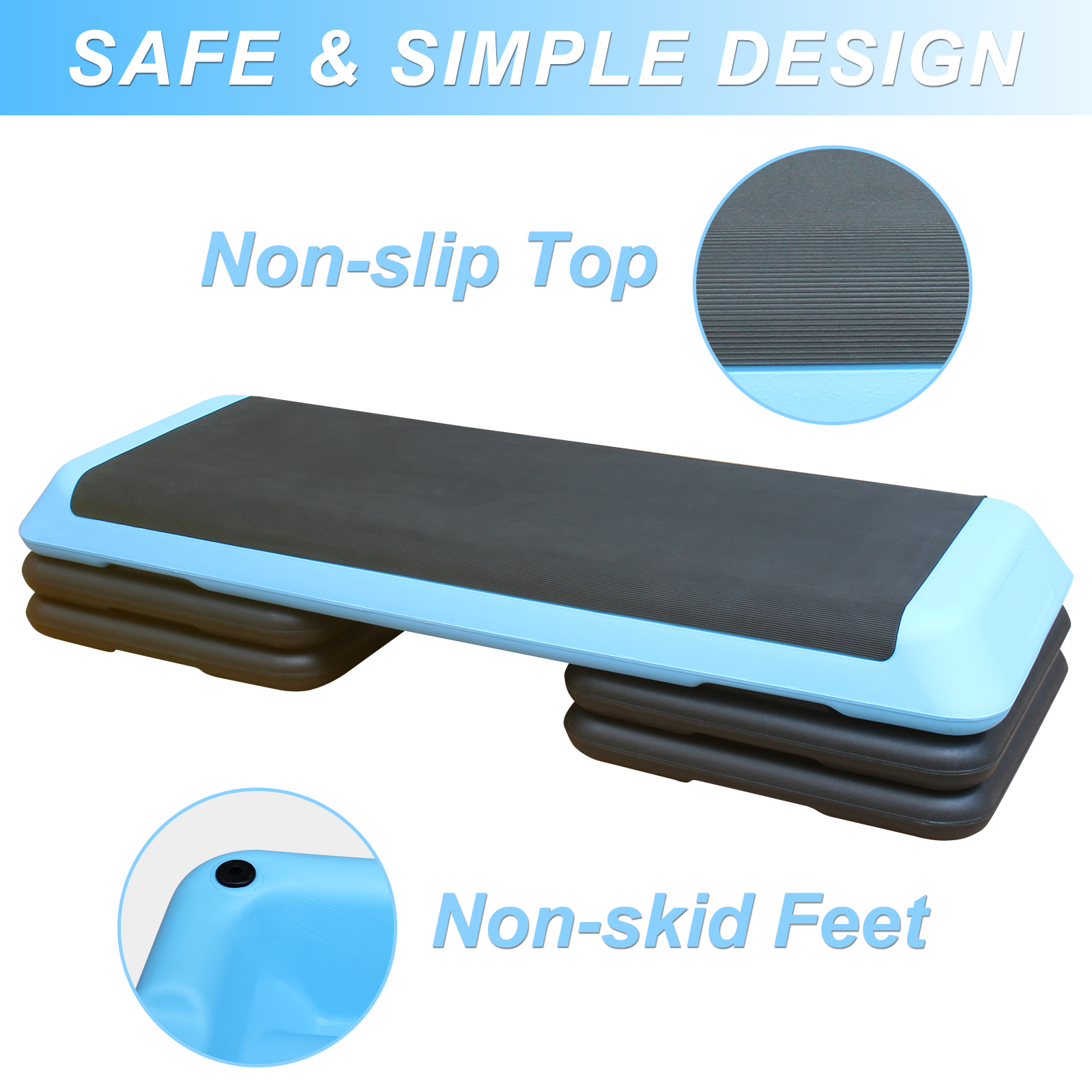Ein blau-schwarzer Trainingsstepper mit den Worten "Safe & Simple Design" und "Non-slip Top".
