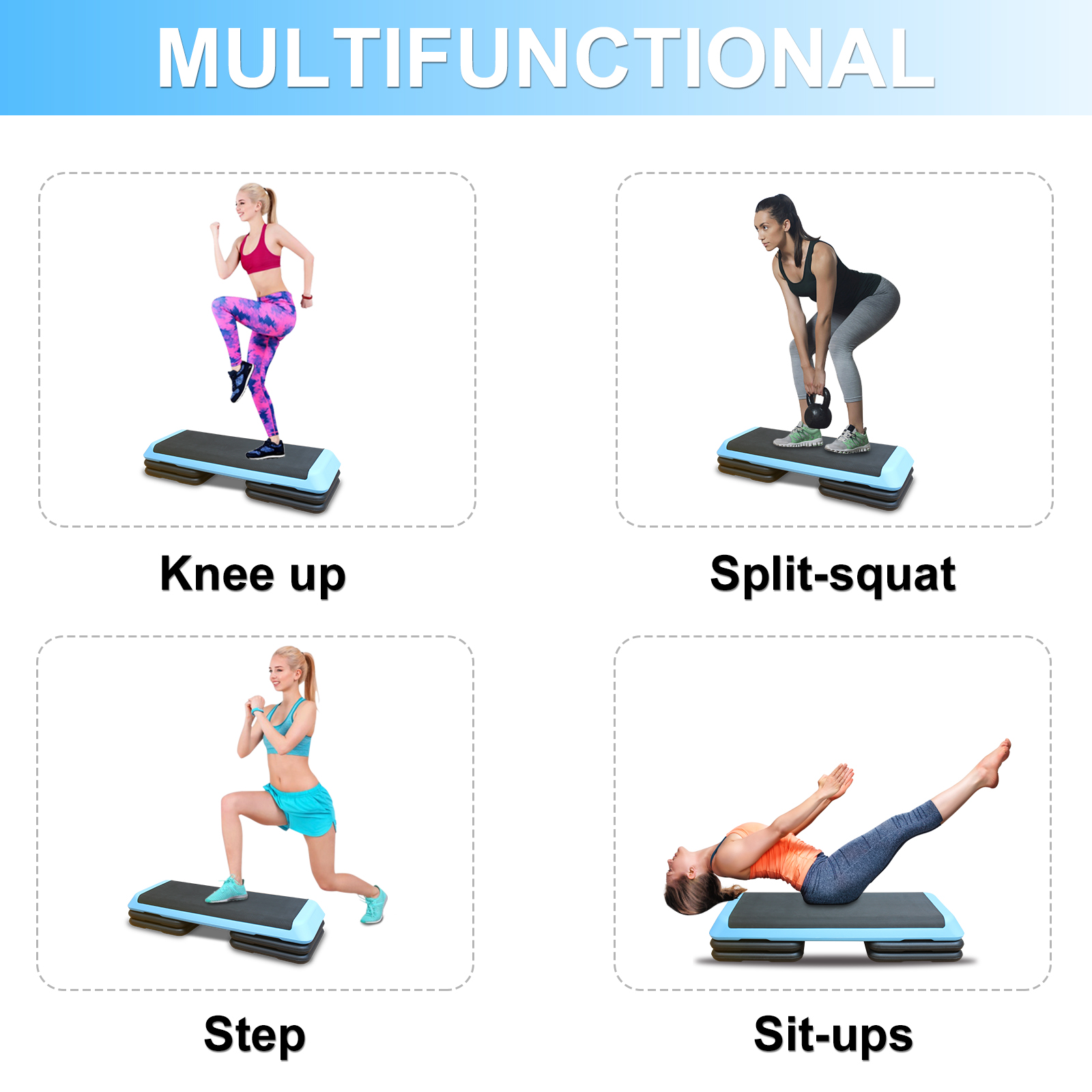 Das Bild zeigt vier Übungsschritte. Jeder Schritt zeigt eine Person, die eine andere Übung ausführt: Kniebeugen, Split-Squat, Schritt und Sit-ups.