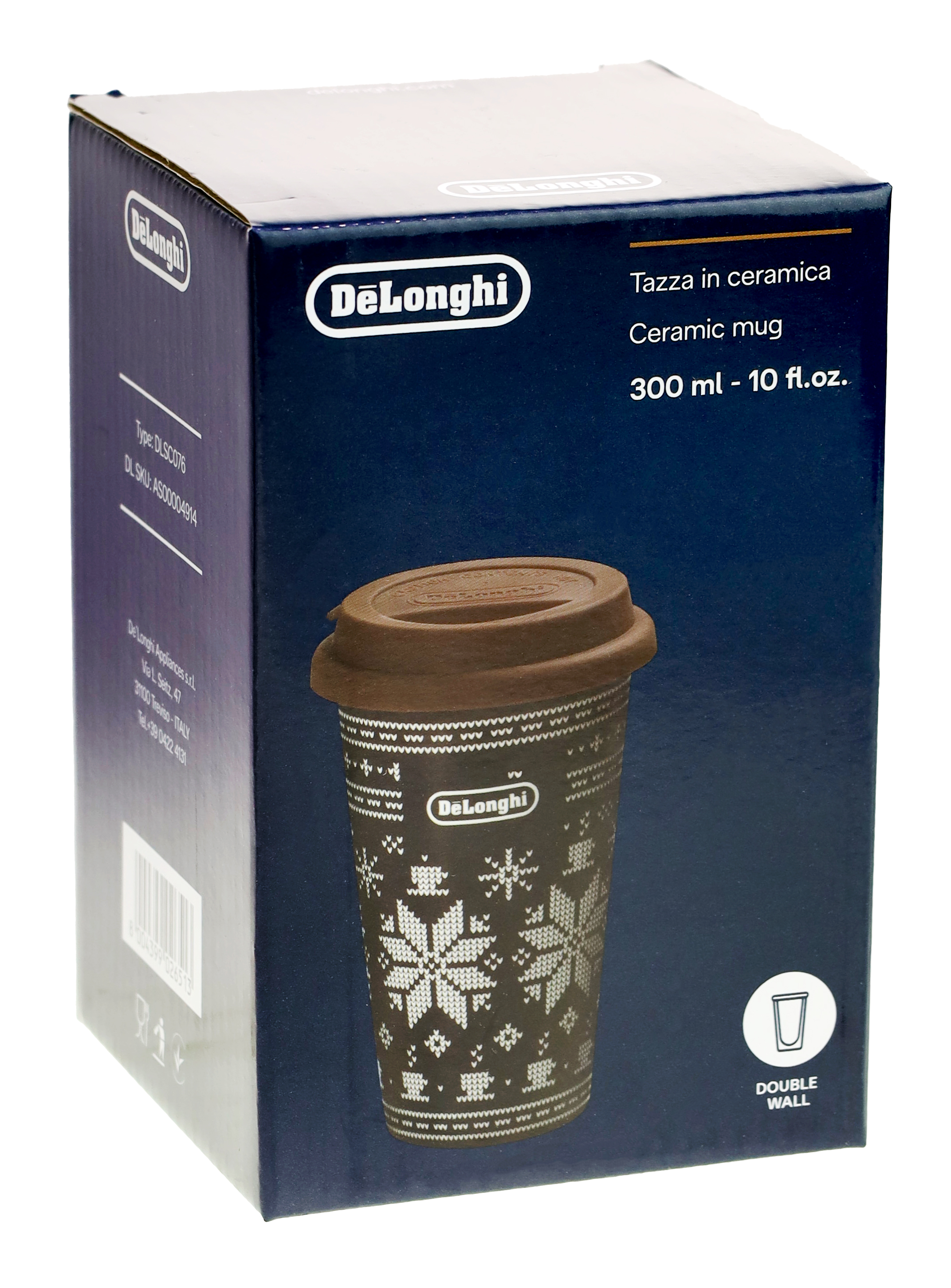 Eine Schachtel mit einem De'Longhi-Keramikbecher. Die Tasse ist braun mit weißem Schneeflockenmuster und Deckel.