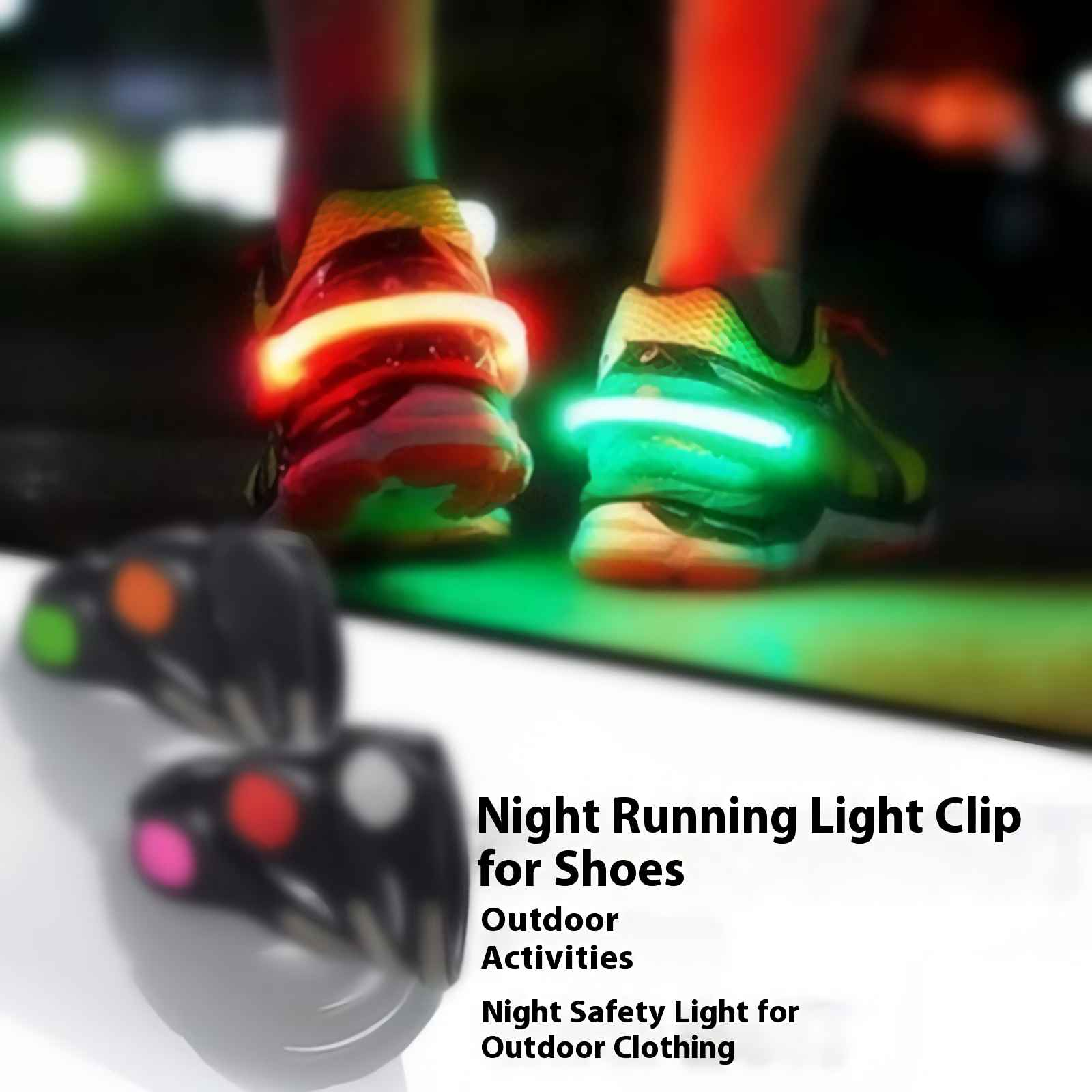 Zwei Paar Laufschuhe mit Leuchtbändern. Einer ist rot, der andere grün. Im Vordergrund befinden sich Lichtclips.