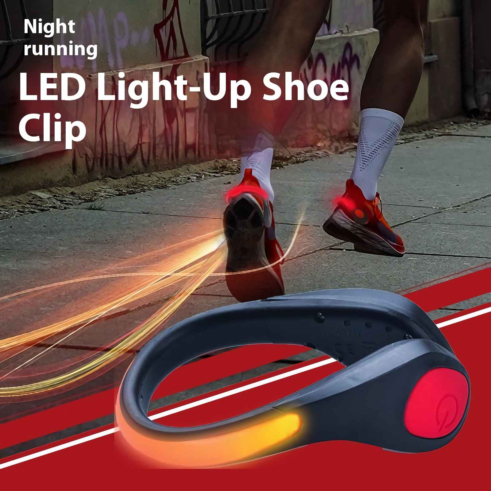 Läufer mit LED-Leuchtschuhen. Clip-On-Lichter sind sichtbar. Nachtlauf-Konzept. Rote und orangefarbene Lichtspuren.