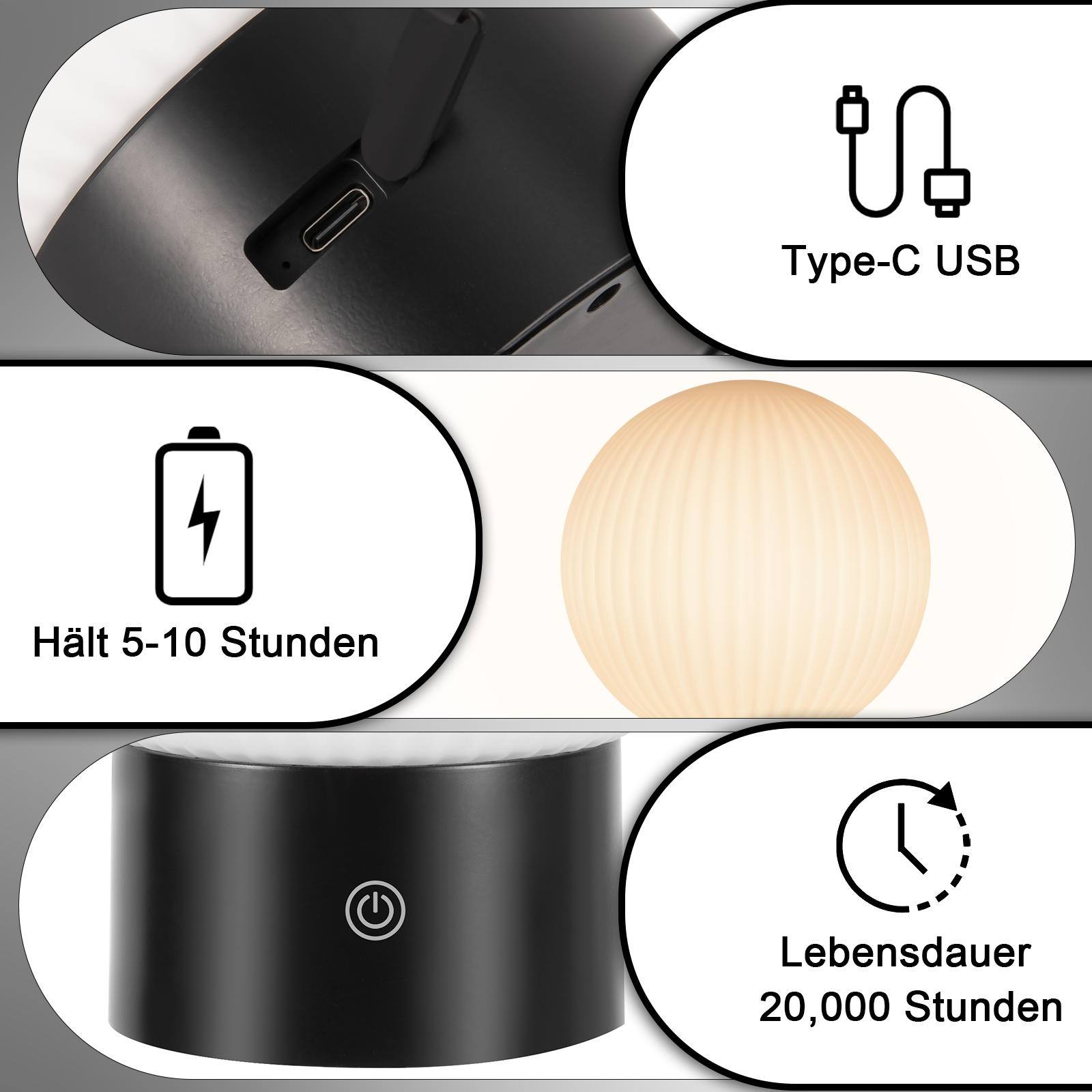 Obraz przedstawia czarną lampę z portem USB, ikoną baterii i ikoną żarówki. Pokazuje również USB typu C.