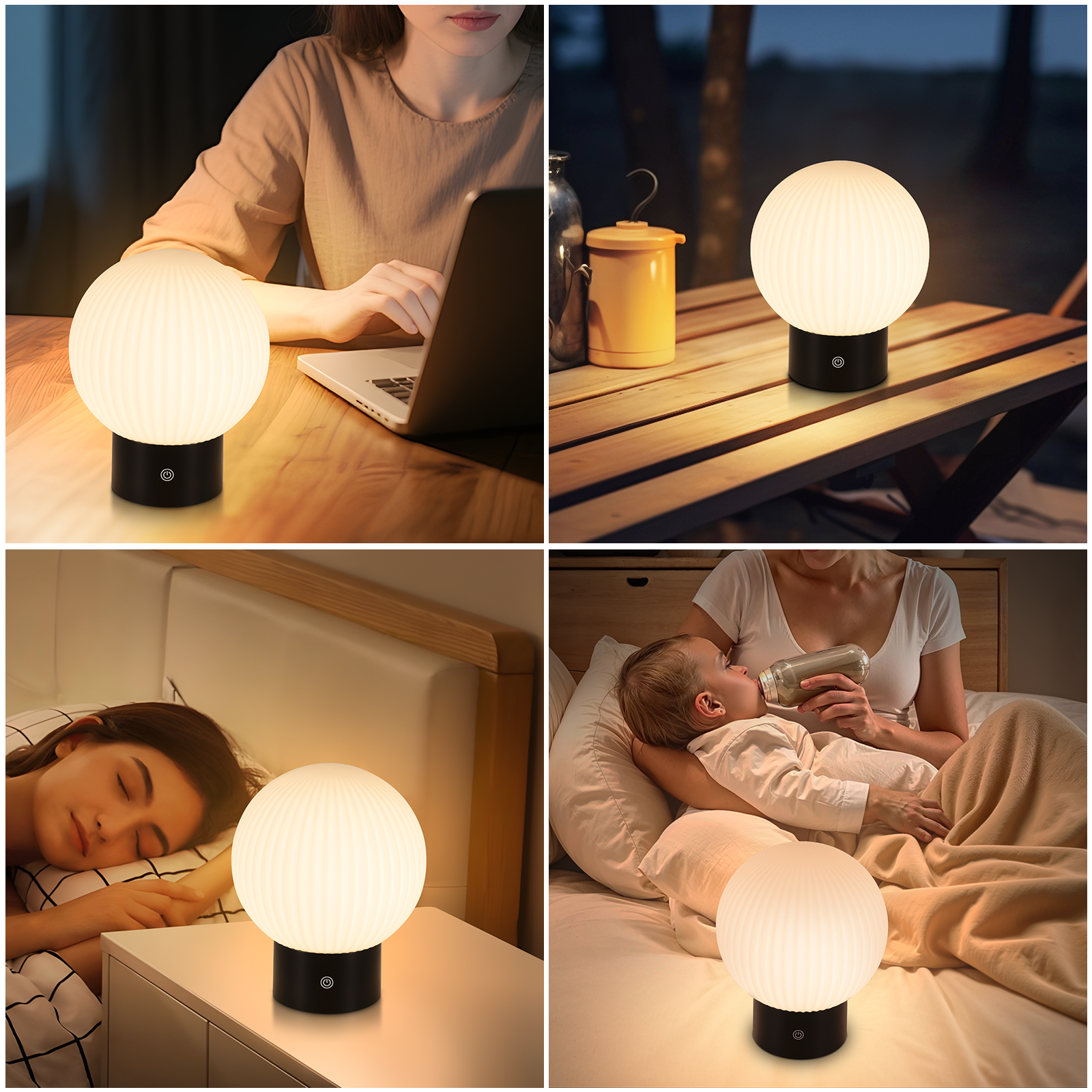 Dekoracyjna lampa jest pokazana w różnych ustawieniach: na biurku, stole, stoliku nocnym i w sypialni.