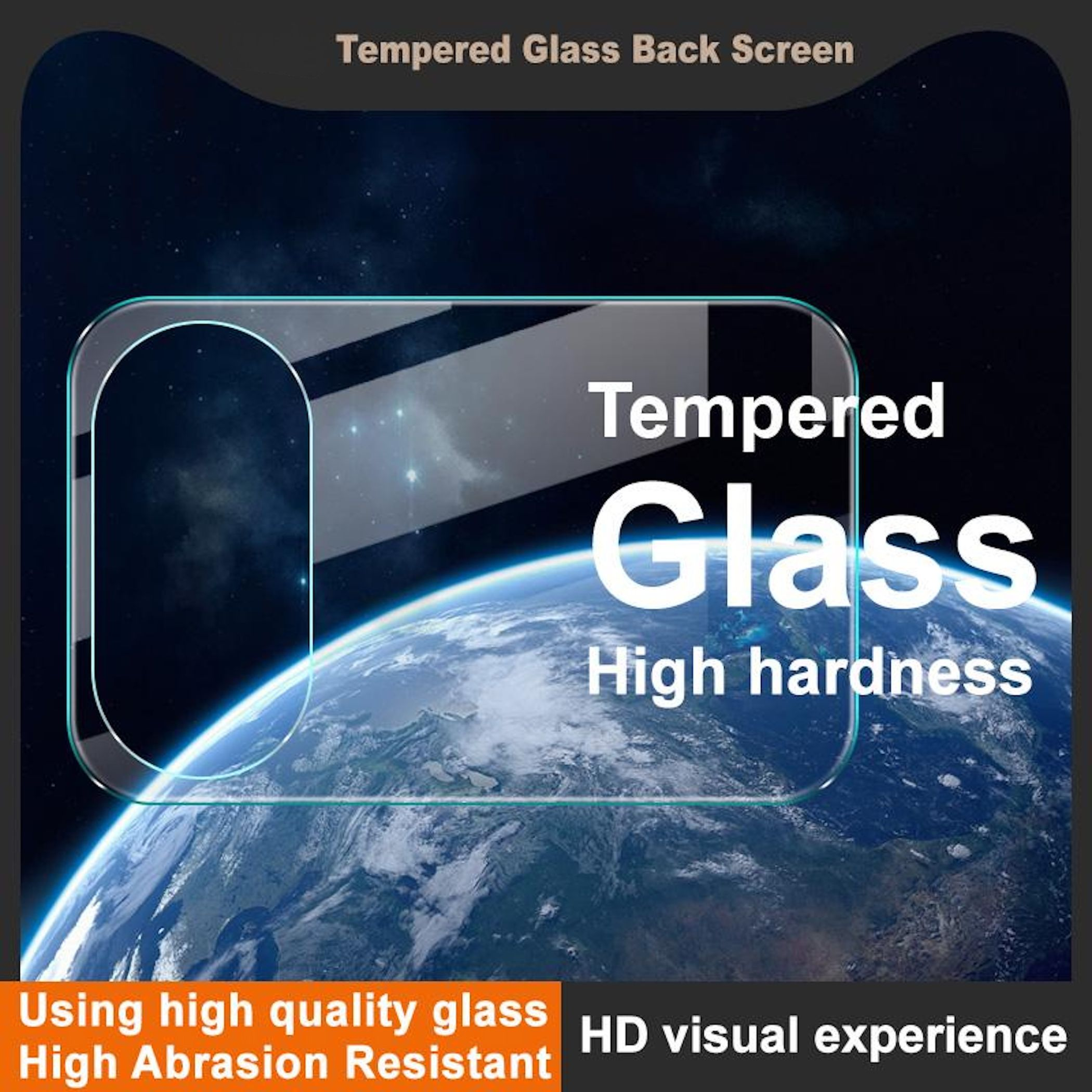 Ein Handy-Displayschutz mit der Erde im Hintergrund, Text lautet 'Tempered Glass'.