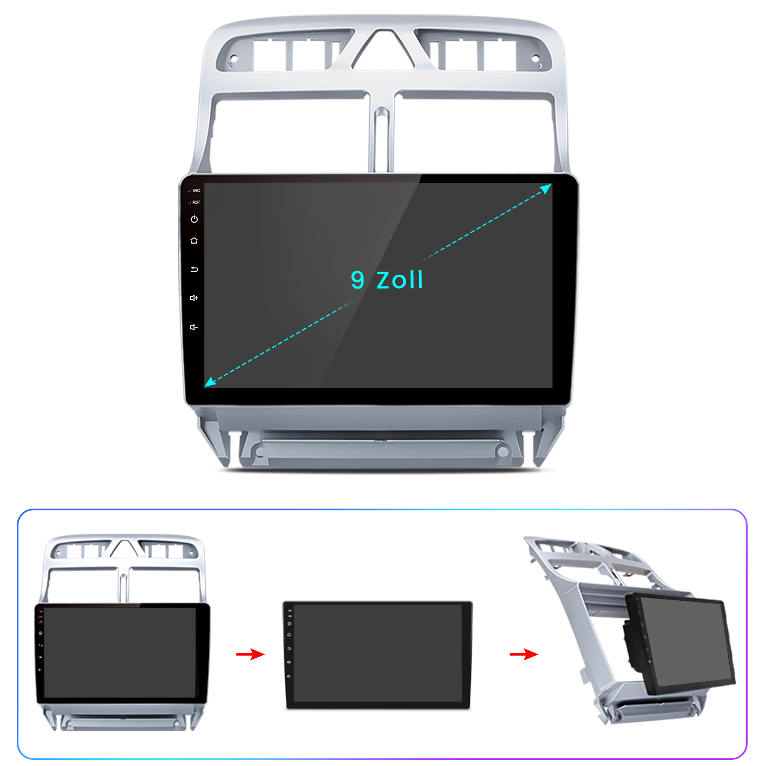 Autoradio mit 9-Zoll-Bildschirm. Enthält einen silbernen Rahmen und drei kleinere Bilder, die den Einbau zeigen.