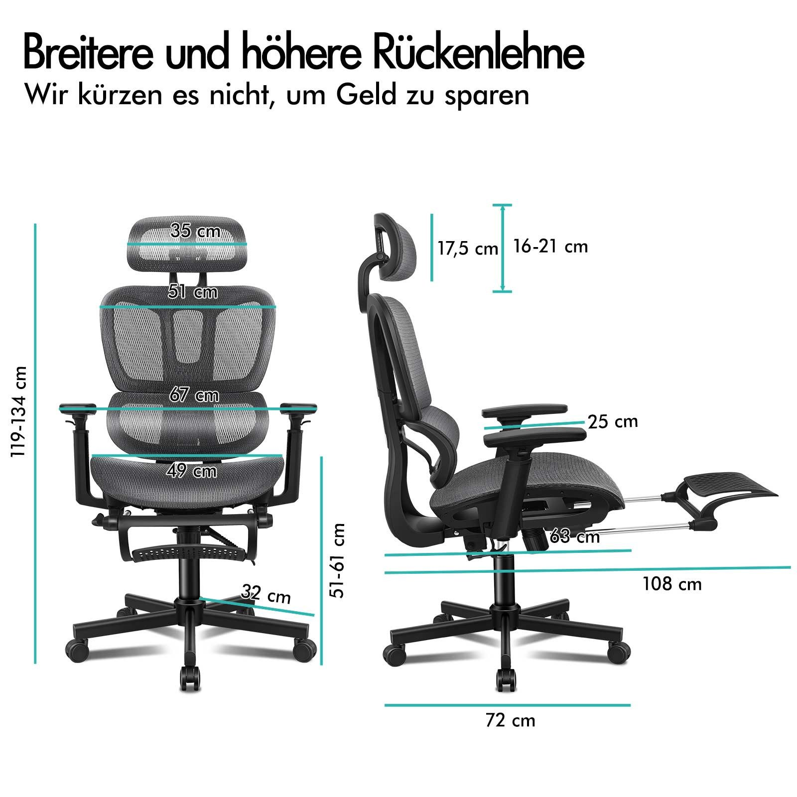 Ein Bürostuhl mit Maßangaben. Der Text lautet 'Breitere und höhere Rückenlehne'. Größenangaben in cm.