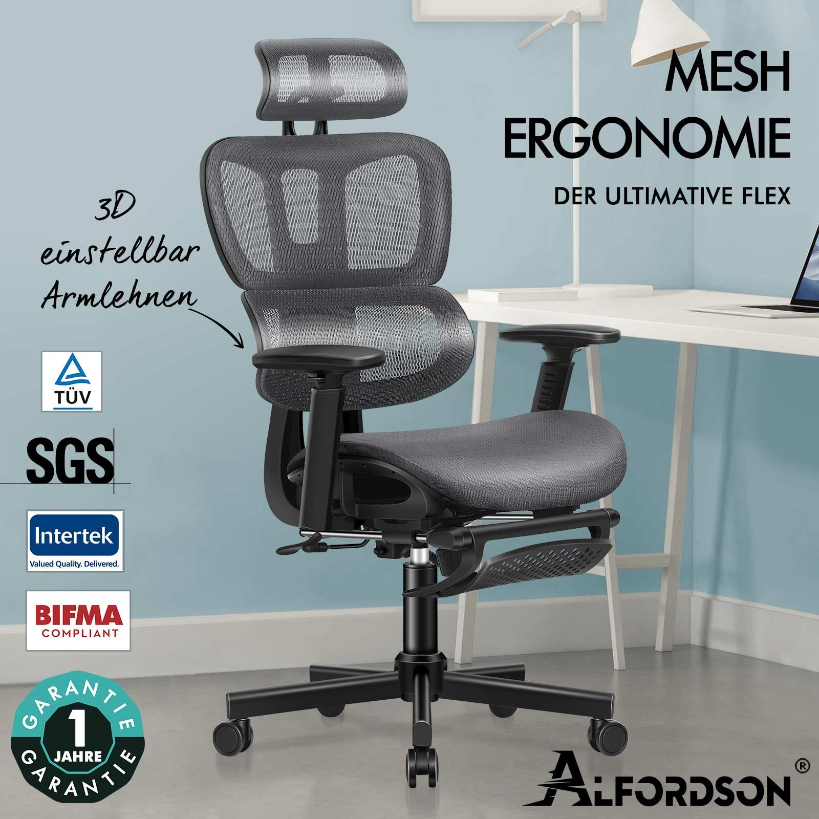 Ergonomischer Bürostuhl aus Mesh. Merkmale: verstellbare Armlehnen, Kopfstütze und Lendenwirbelstütze. Schwarz und Grau.
