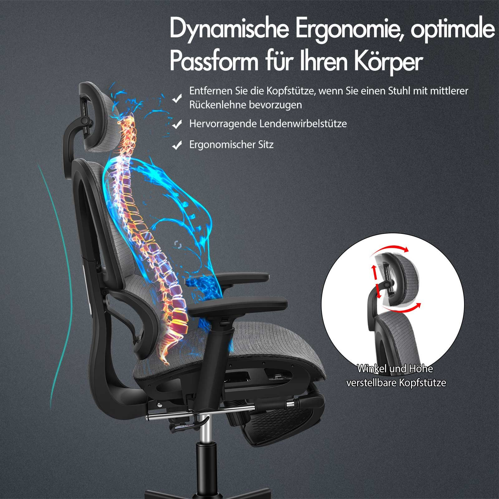 Ein ergonomischer Stuhl mit verstellbarer Kopfstütze und Lendenwirbelstütze, hervorgehobener Wirbelsäulenillustration und Text auf Deutsch.