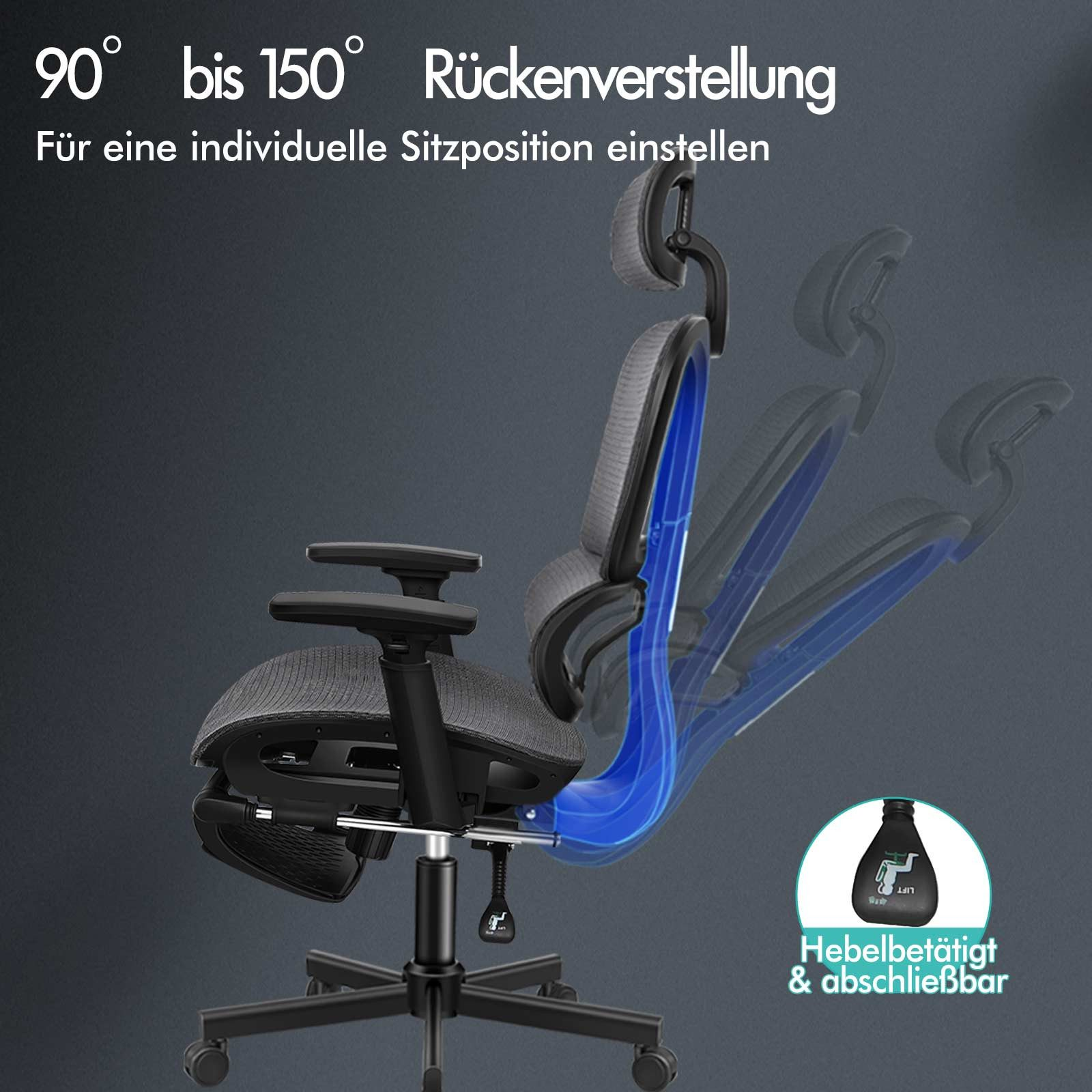 Ein Bürostuhl mit verstellbarer Rückenlehne. Er hat eine Kopfstütze, Armlehnen und ein Fünf-Sterne-Fußkreuz mit Rollen.