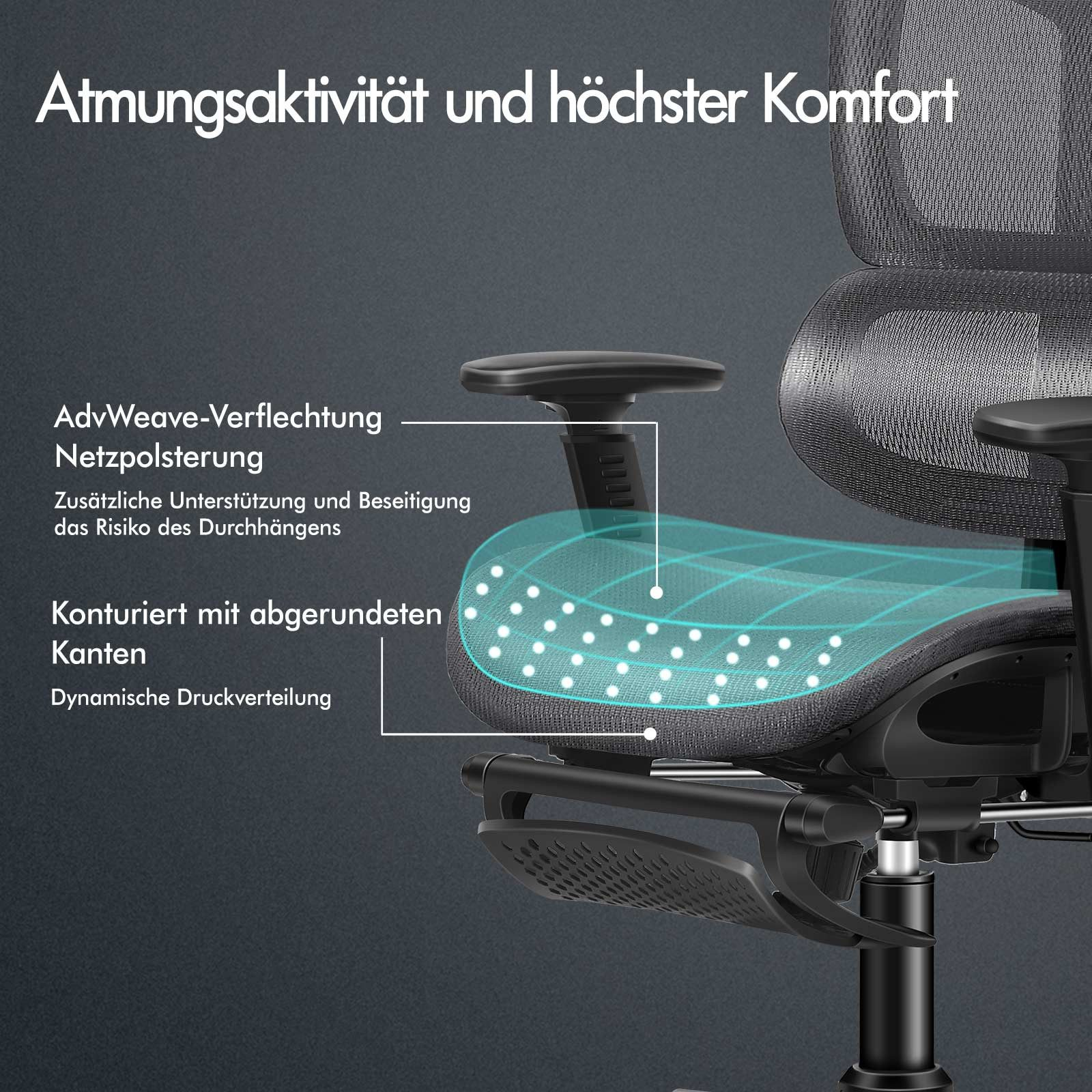 Nahaufnahme eines schwarzen Bürostuhls, der den Sitz mit blauem Gitter, Armlehnen und Kopfstütze auf grauem Hintergrund hervorhebt.