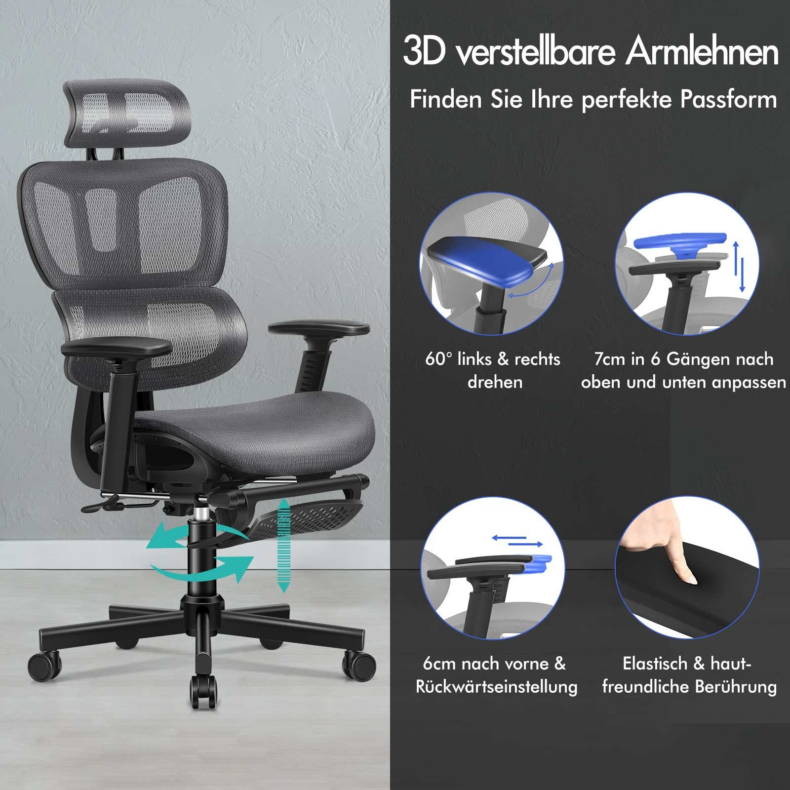 Ein ergonomischer Bürostuhl mit verstellbaren Armlehnen. Das Bild zeigt den Stuhl und Diagramme, die seine Funktionen hervorheben.