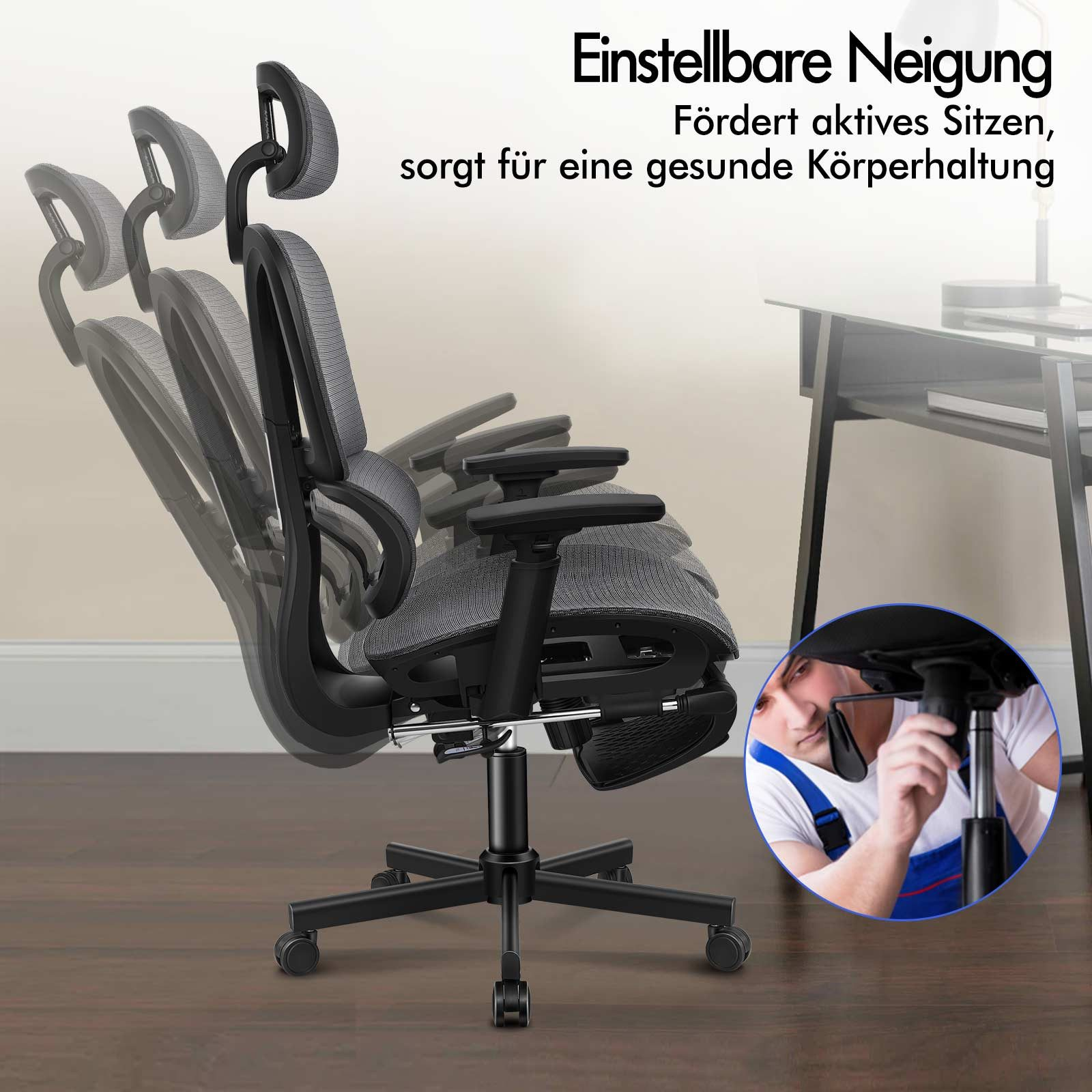 Ein grauer ergonomischer Stuhl mit verstellbarer Rückenlehne. Text: 'Einstellbare Neigung' und 'Fördert aktives Sitzen'.
