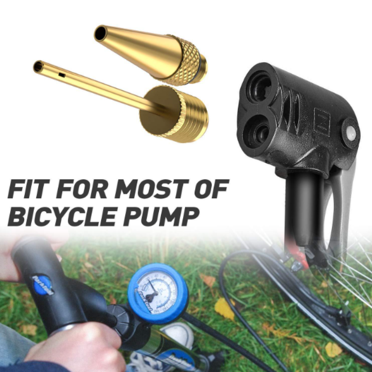 Obraz przedstawia części pompy rowerowej. Złota dysza, czarna głowica pompy oraz pompa ze wskaźnikiem i kołem rowerowym są widoczne.