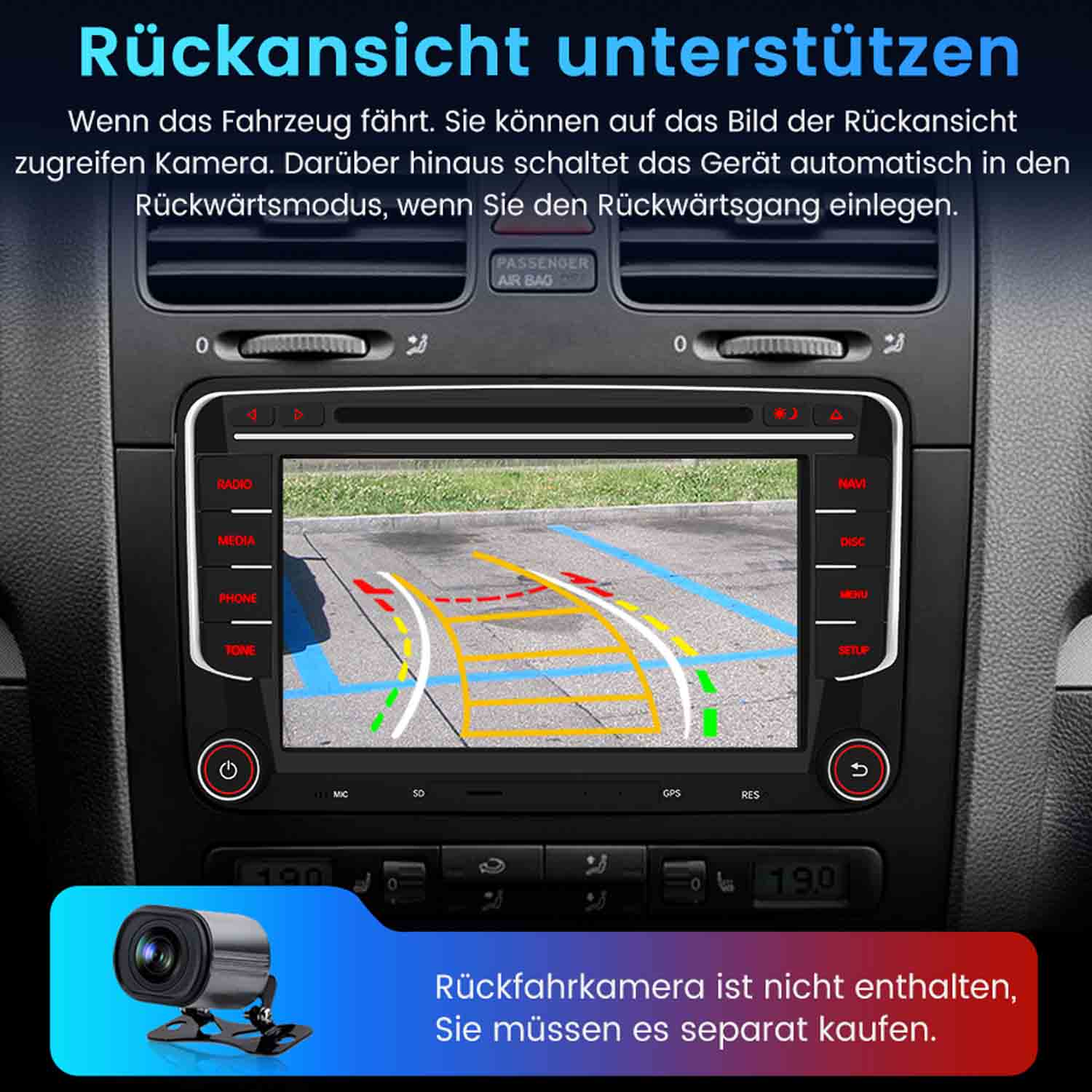 Autotafel mit Rückfahrkamera-Anzeige und farbigen Richtlinien. Unten links ist eine Kamera zu sehen.