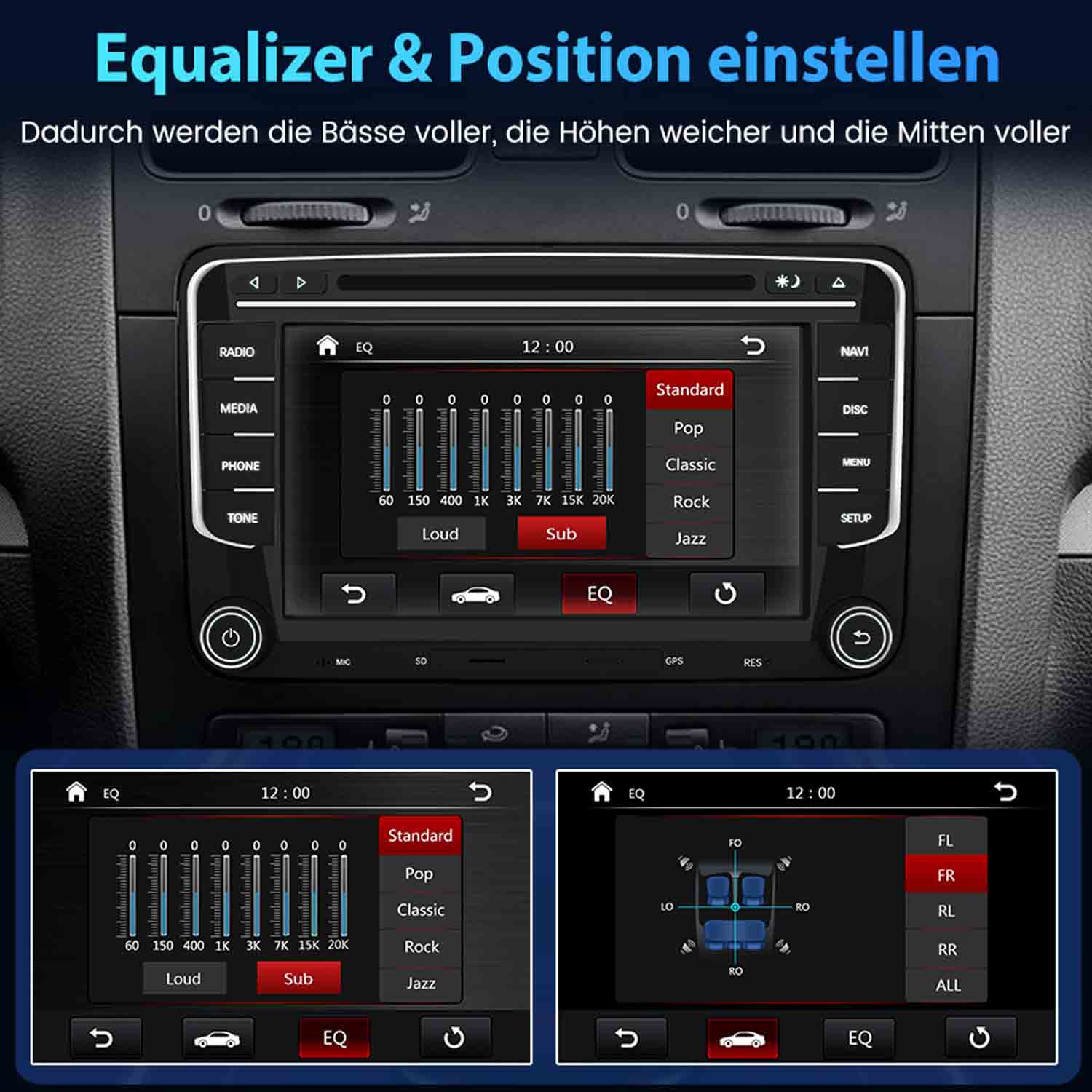 Autoradio-Bildschirm mit EQ-Einstellungen und Positionsreglern. Der Bildschirm zeigt Equalizer-Balken und Lautsprecherpositionen.
