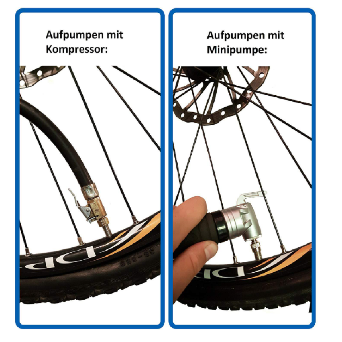Obraz pokazuje dwie metody pompowania opony rowerowej: za pomocą kompresora i mini-pompy, każda obok koła roweru.