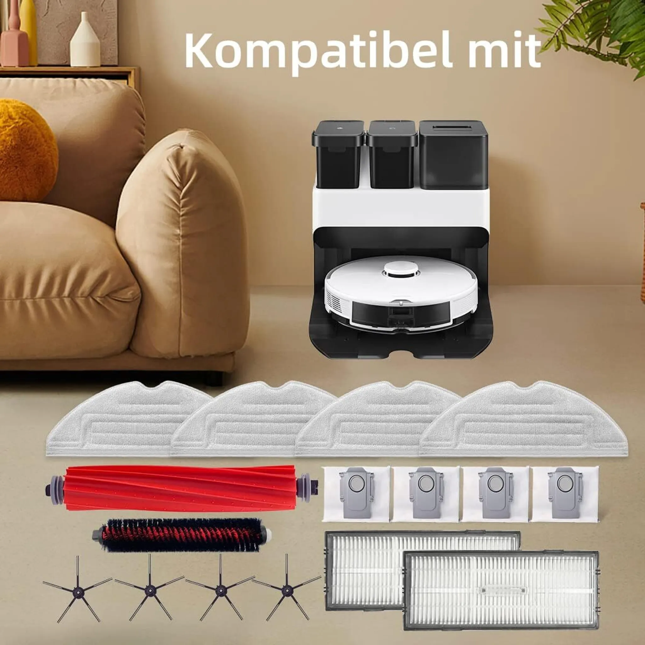 Ein Roboter-Staubsauger mit Zubehör. Enthält Bürsten, Filter und Wischtücher. Der Text 'Kompatibel mit' ist sichtbar.