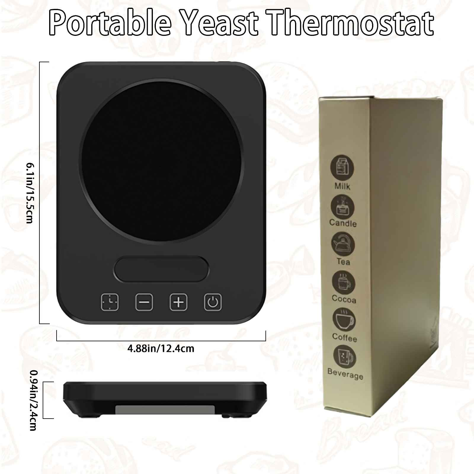 Schwarzer Hefe-Thermostat mit kreisförmiger Heizfläche, Bedienelementen und einer beigen Box für Getränke.