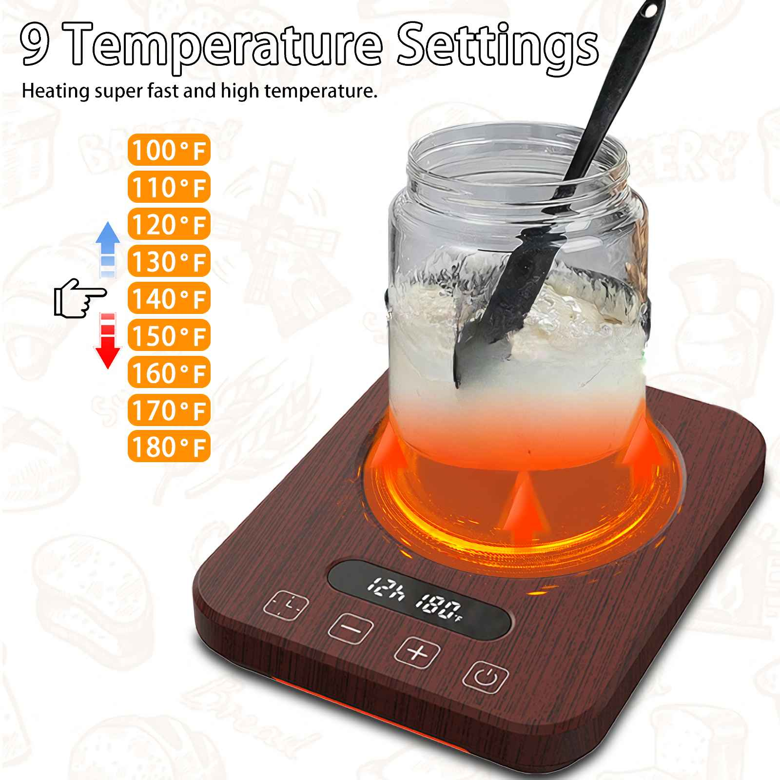 Ein Glas mit einem Löffel steht auf einer Heizplatte mit Temperatureinstellungen. Das Pad zeigt 180°F an.