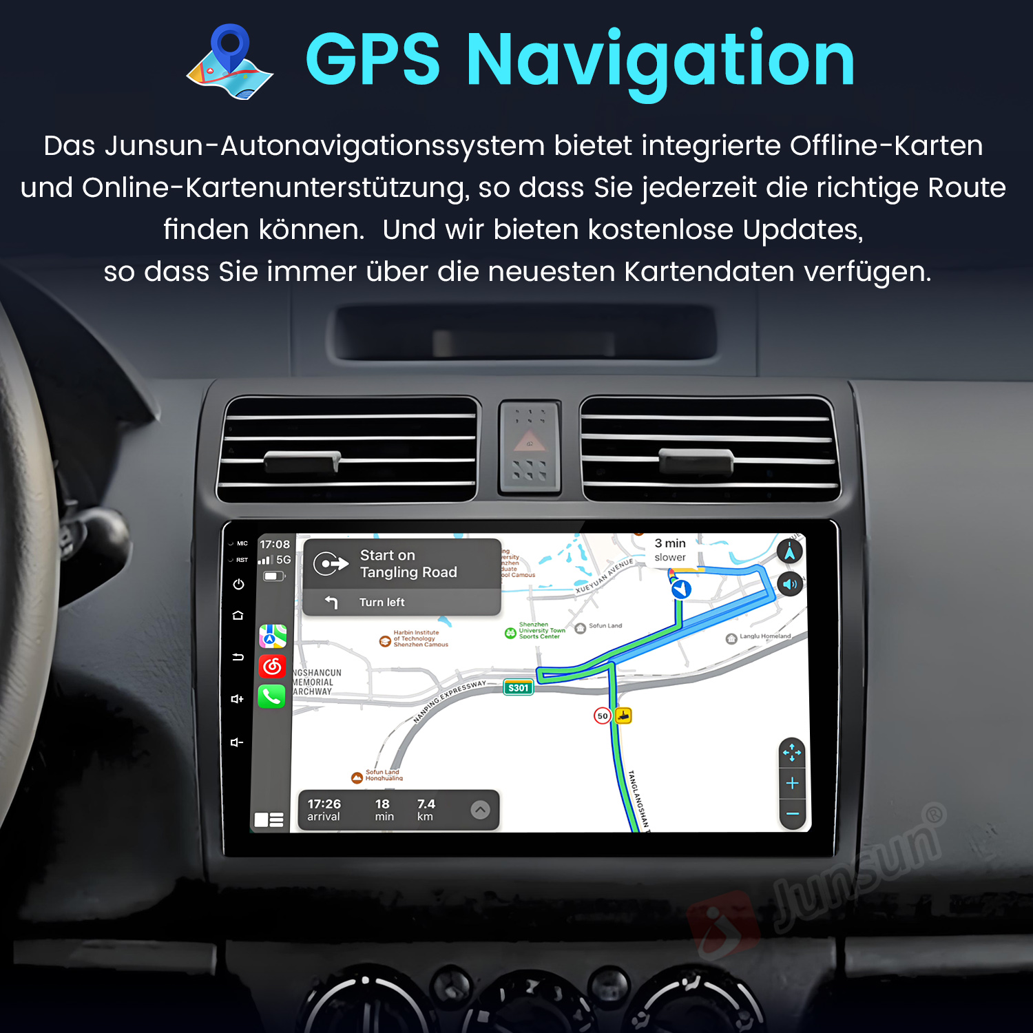 GPS-Navigationsbildschirm im Auto mit Karten und Routenführung. Bildschirm zeigt Route, Zeit und Entfernung.