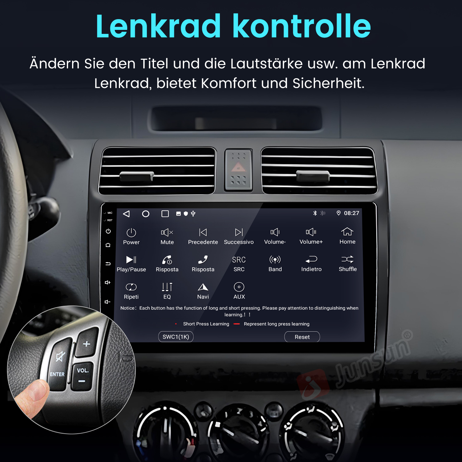 Autoradio mit Touchscreen mit Knöpfen. Nahaufnahme zeigt Lenkradtasten für Lautstärke und Eingabe.