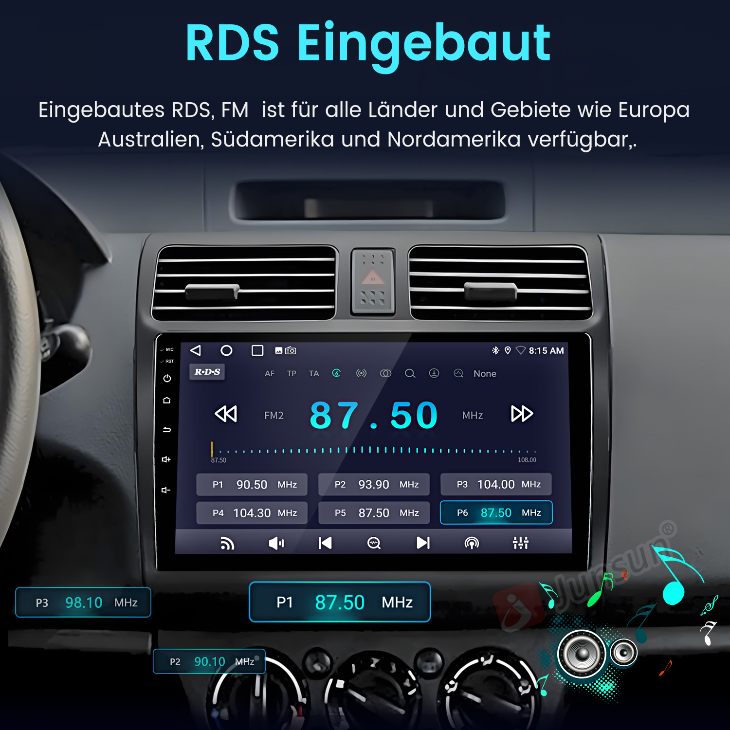 Autoradio-Bildschirm mit FM-Radio-Informationen. Frequenz ist 87,50 MHz. Tasten und eine Uhr sind ebenfalls sichtbar.
