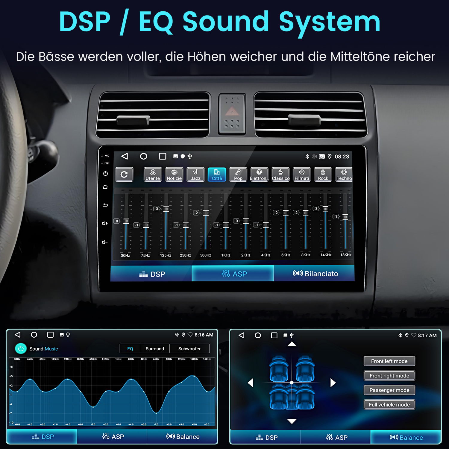 Auto-Audiosystem-Oberfläche mit Equalizer, Surround-Sound und Subwoofer-Einstellungen, angezeigt auf einem Armaturenbrettbildschirm.