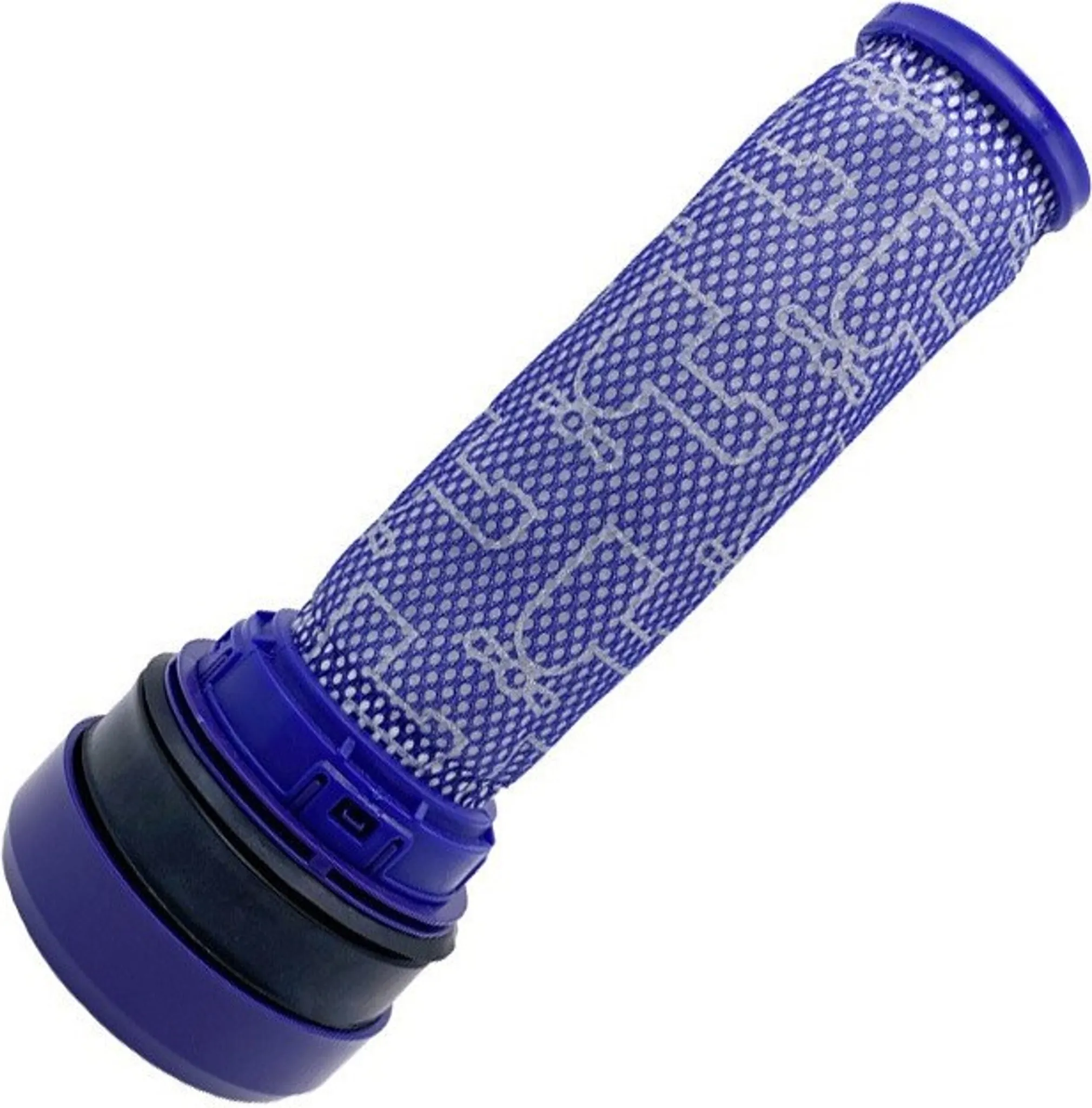 Ein blau-grauer Staubsaugerfilter. Der Filter ist zylindrisch, mit einem Netzmuster und dunkelblauen Akzenten an den Enden.