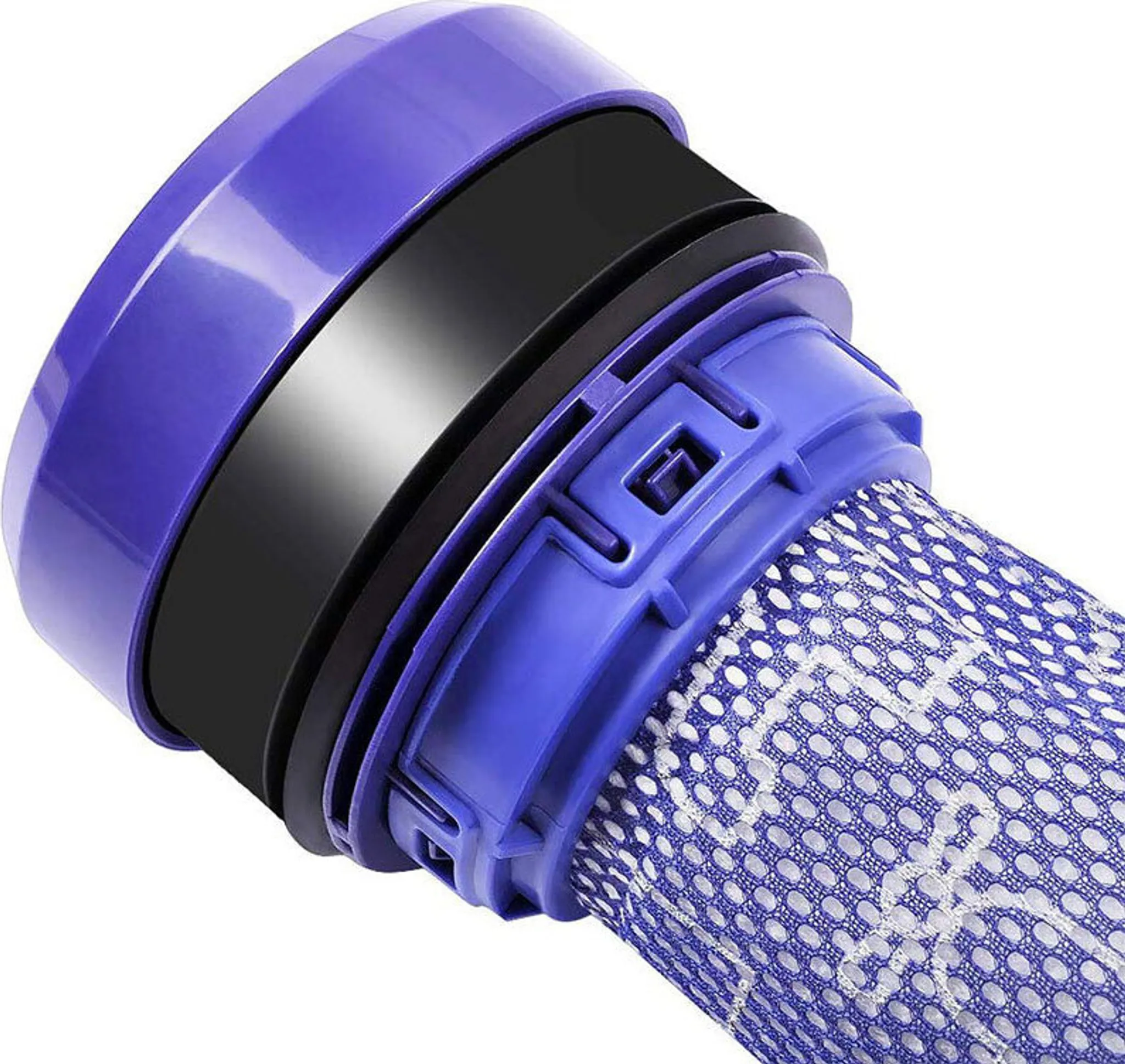 Nahaufnahme eines blau-schwarzen Staubsaugerfilters. Der Filter hat ein Mesh-Muster. Weißer Hintergrund.