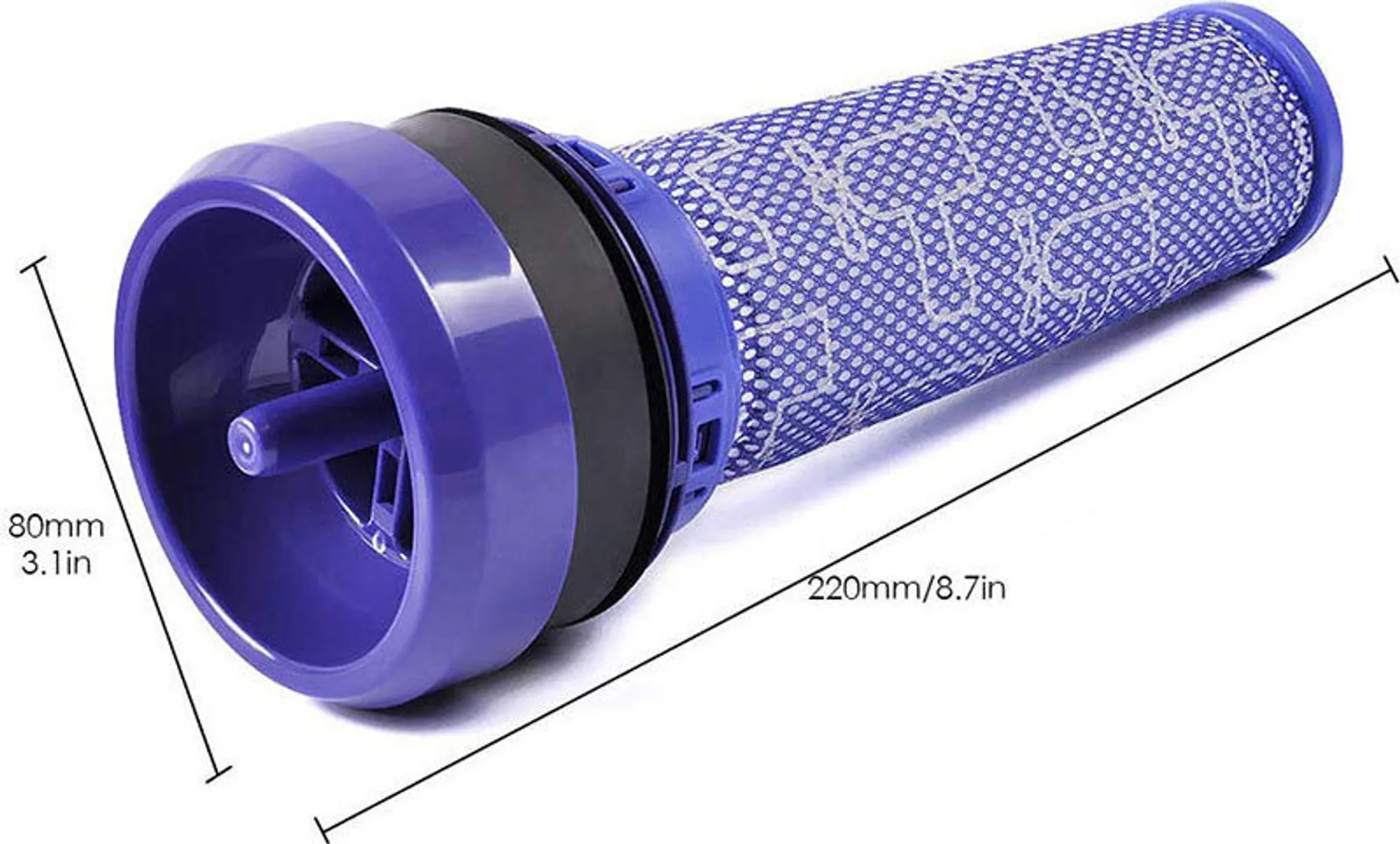 Ein blau-schwarzer Staubsaugerfilter vor weißem Hintergrund. Er hat die Maße 80mm/3,1in und 220mm/8,7in.