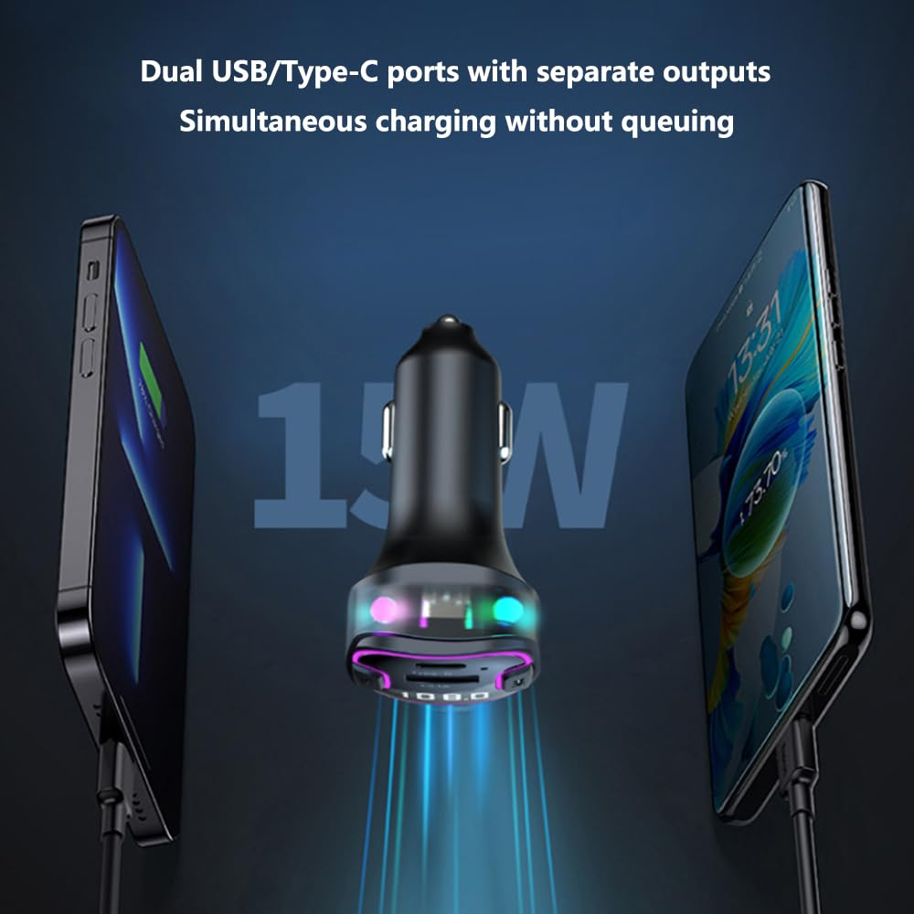 Autoladegerät mit zwei Handys, die geladen werden. Texte sagen Dual-USB/Typ-C-Anschlüsse, gleichzeitiges Laden. 15W wird angezeigt.