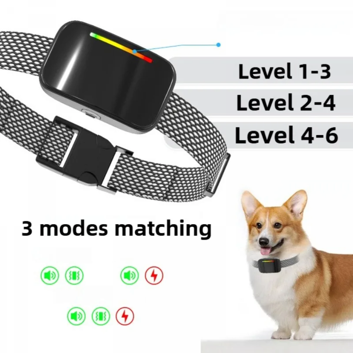 Ein Hund trägt ein schwarz-graues Halsband mit einem schwarzen Gerät. Text zeigt die Stufen 1-3, 2-4 und 4-6. Auch '3 Modi passend'.