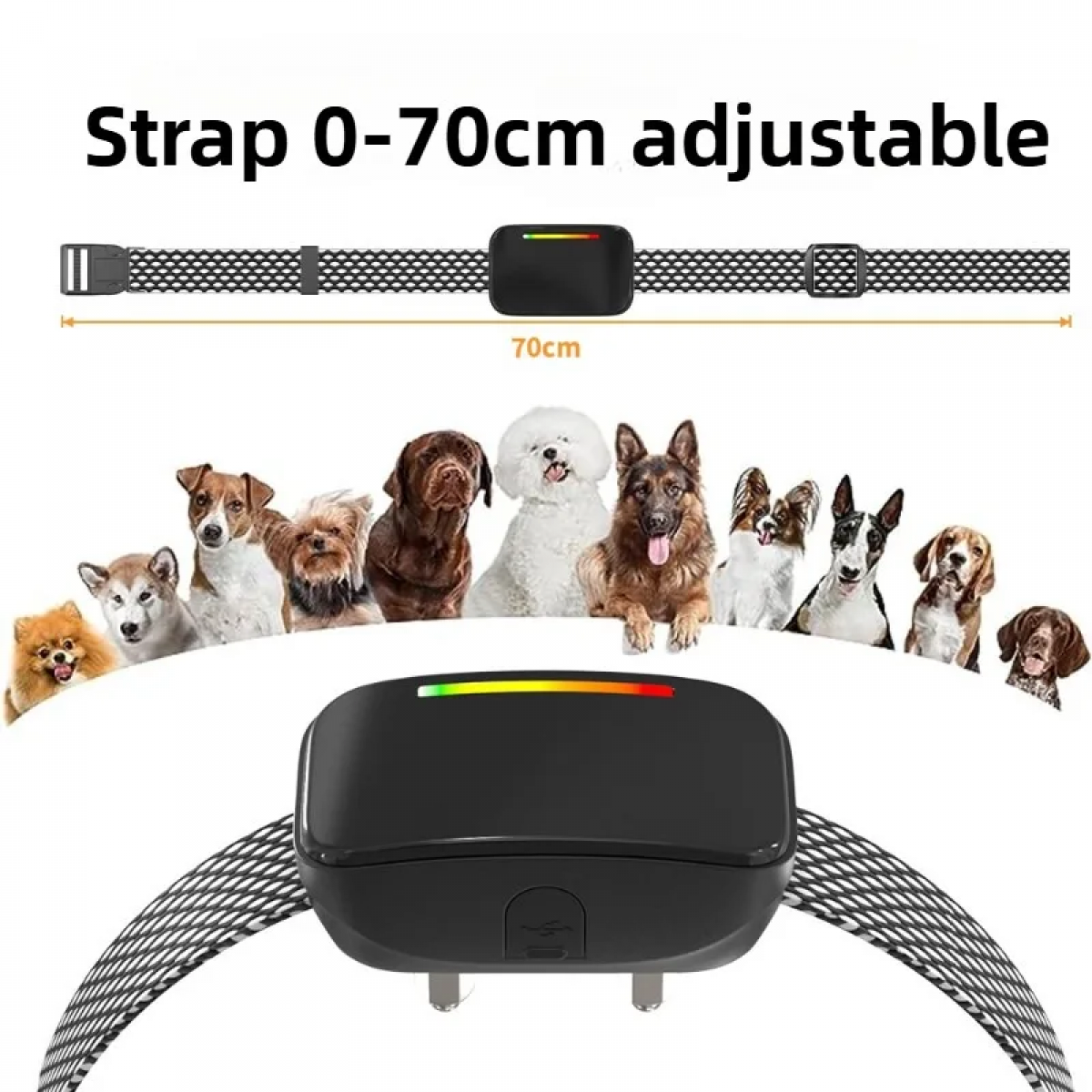Ein Hundetrainingshalsband mit verstellbarem Riemen bis 70 cm. Mehrere Hunderassen sind abgebildet. Das Halsband hat eine schwarze Steuereinheit.