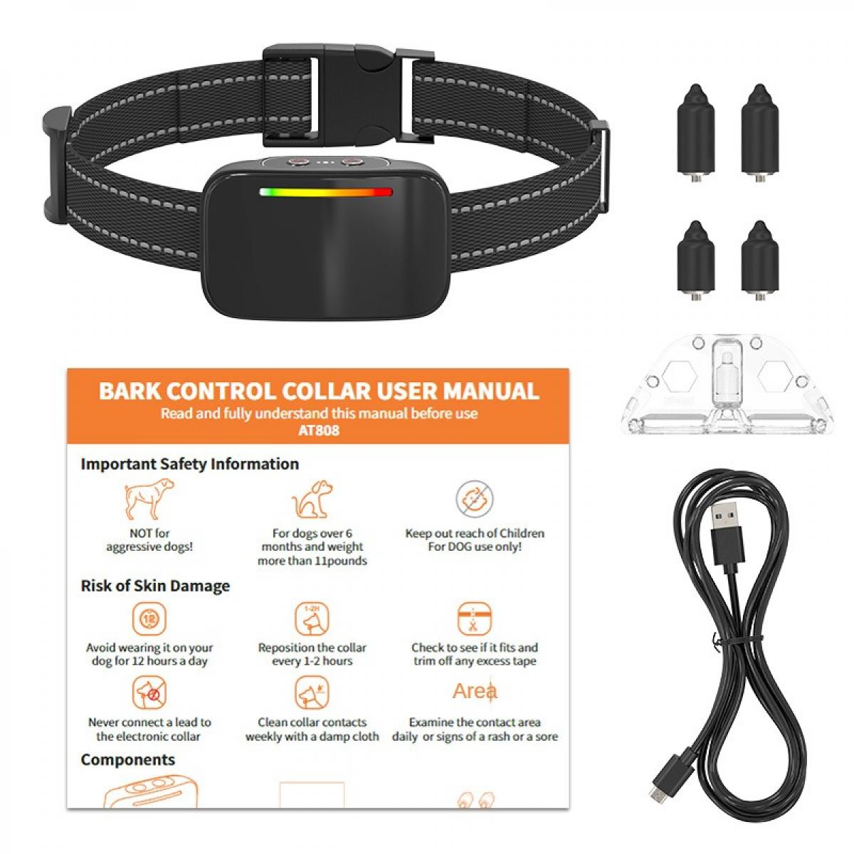 Schwarzes Hundehalsband mit Steuereinheit, Handbuch, Ladekabel und Zubehör. Sicherheitshinweise enthalten.