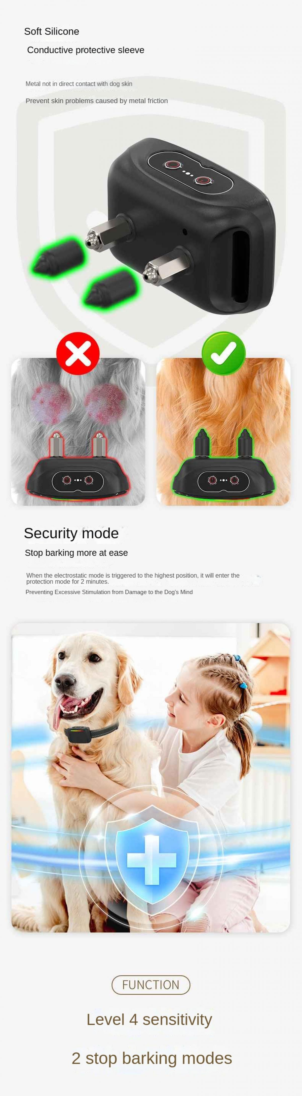 Das Bild zeigt ein Hunde-Halsbandgerät mit Funktionen. Ein Hund und ein Mädchen sind im Hintergrund. Text hebt Sicherheit und Funktion hervor.