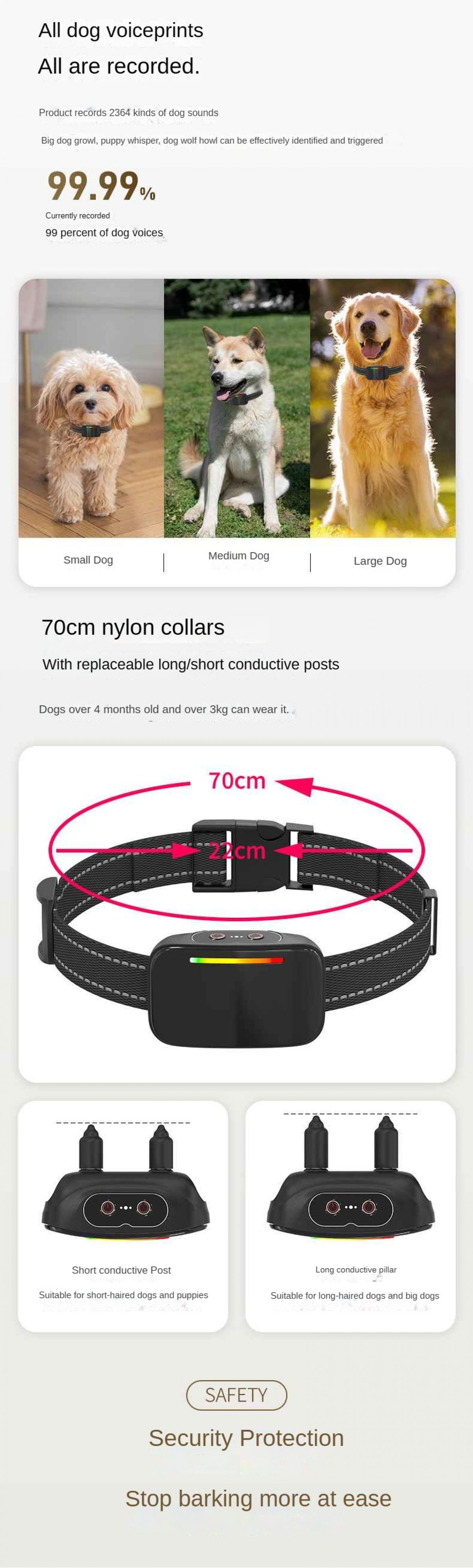 Das Bild zeigt ein Hundetrainingshalsband mit Maßen. Es enthält Bilder von Hunden und Produktspezifikationen.