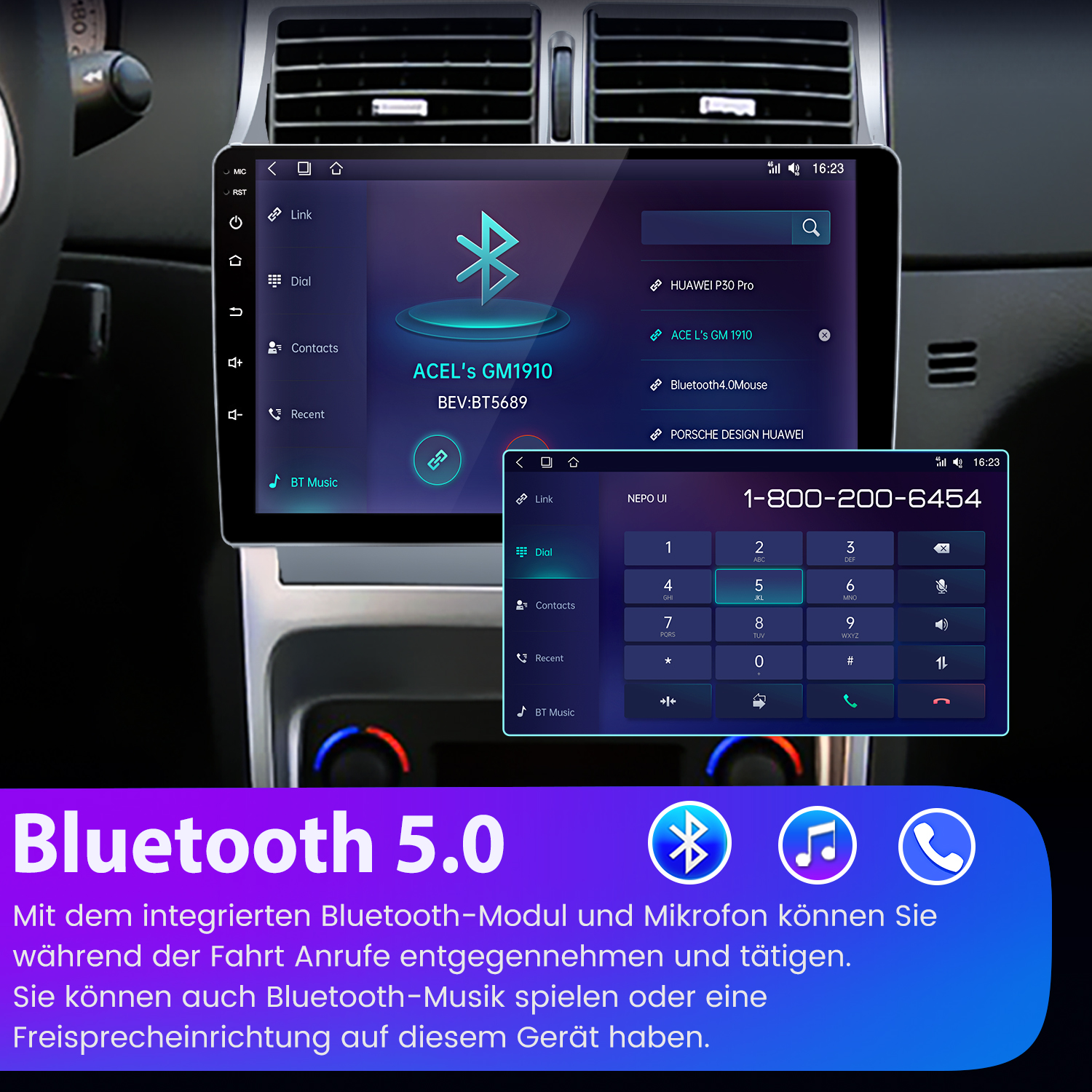Auto-Dashboard mit Bluetooth 5.0, Anruf- und Musikoptionen, Telefon-Tastatur sichtbar, Schnittstelle beschriftet.