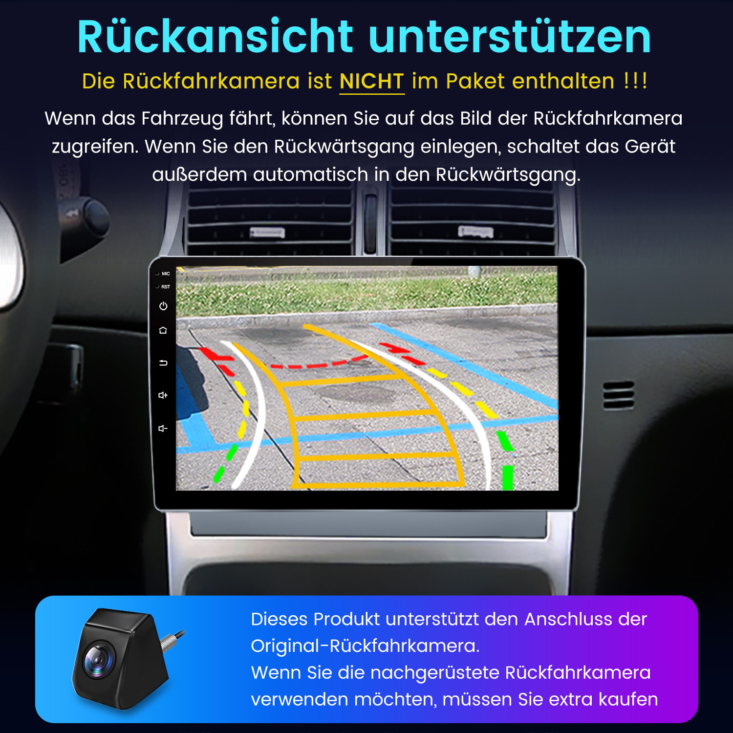 Das Armaturenbrett eines Autos zeigt einen Bildschirm, der eine Parkansicht anzeigt. Darunter ist eine kleine Kamera abgebildet. Text auf Deutsch.